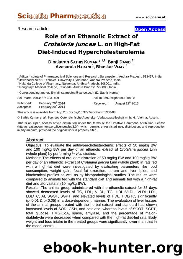 Role of an Ethanolic Extract of Crotalaria juncea L. on High-Fat Diet-Induced Hypercholesterolemia by Dinakaran SATHIS KUMAR Banji DAVID Avasarala HARANI Bhaskar VIJAY