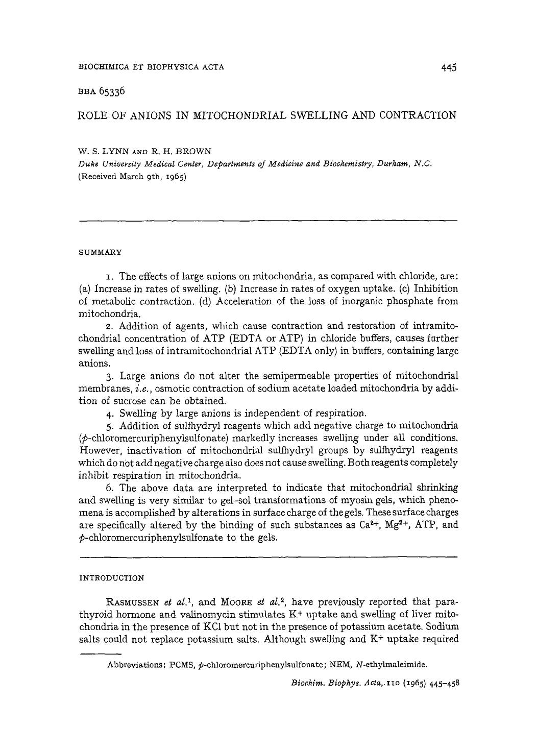 Role of anions in mitochondrial swelling and contraction by W.S. Lynn; R.H. Brown