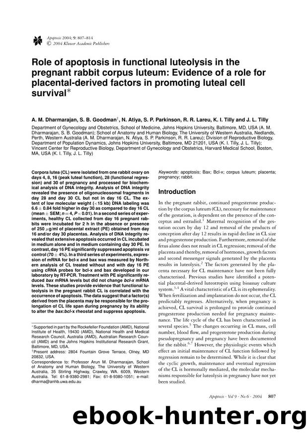 Role of apoptosis in functional luteolysis in the pregnant rabbit corpus luteum: Evidence of a role for placental-derived factors in promoting luteal cell survival by Unknown