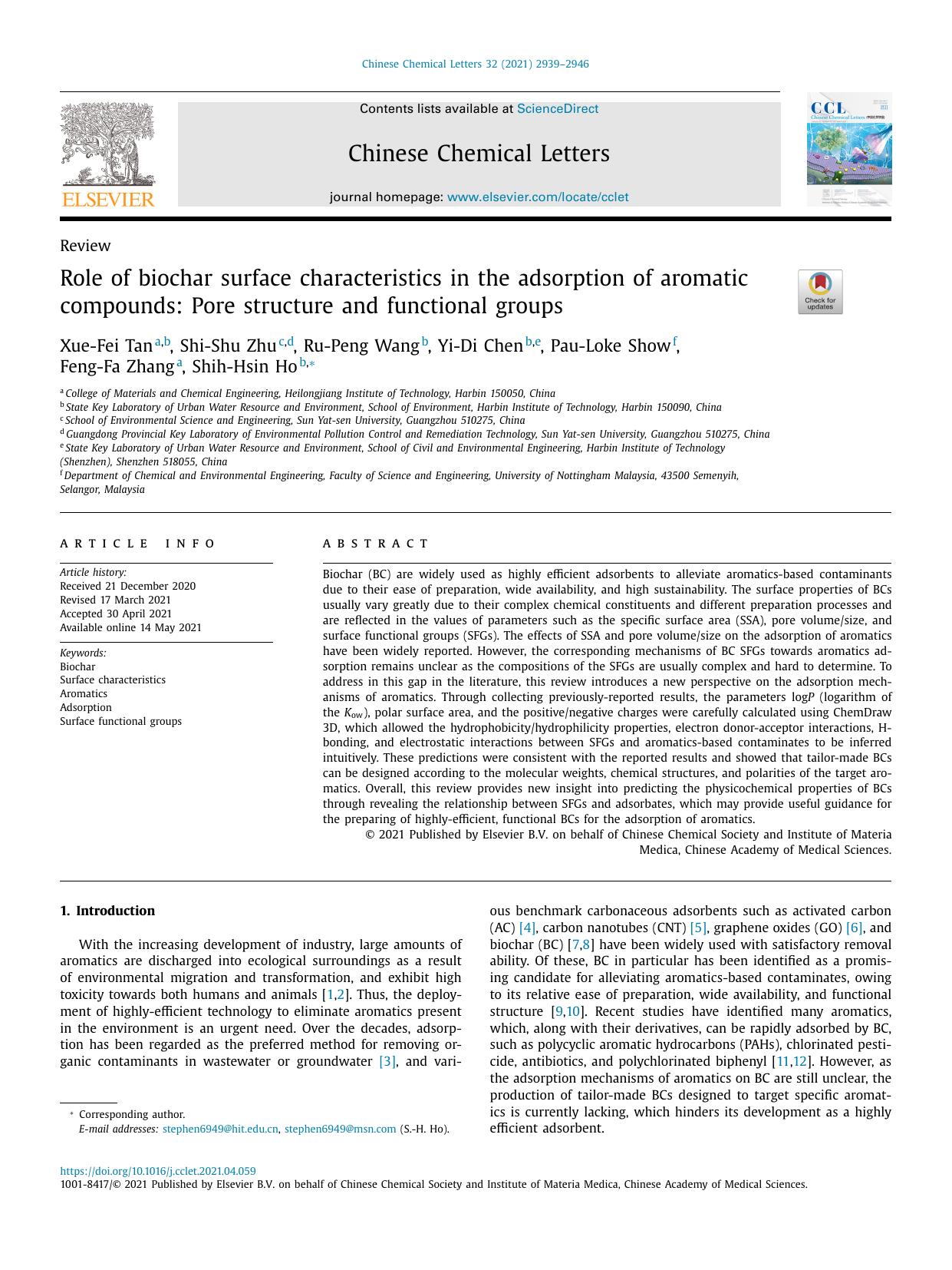 Role of biochar surface characteristics in the adsorption of aromatic compounds: Pore structure and functional groups by Xue-Fei Tan & Shi-Shu Zhu & Ru-Peng Wang & Yi-Di Chen & Pau-Loke Show & Feng-Fa Zhang & Shih-Hsin Ho