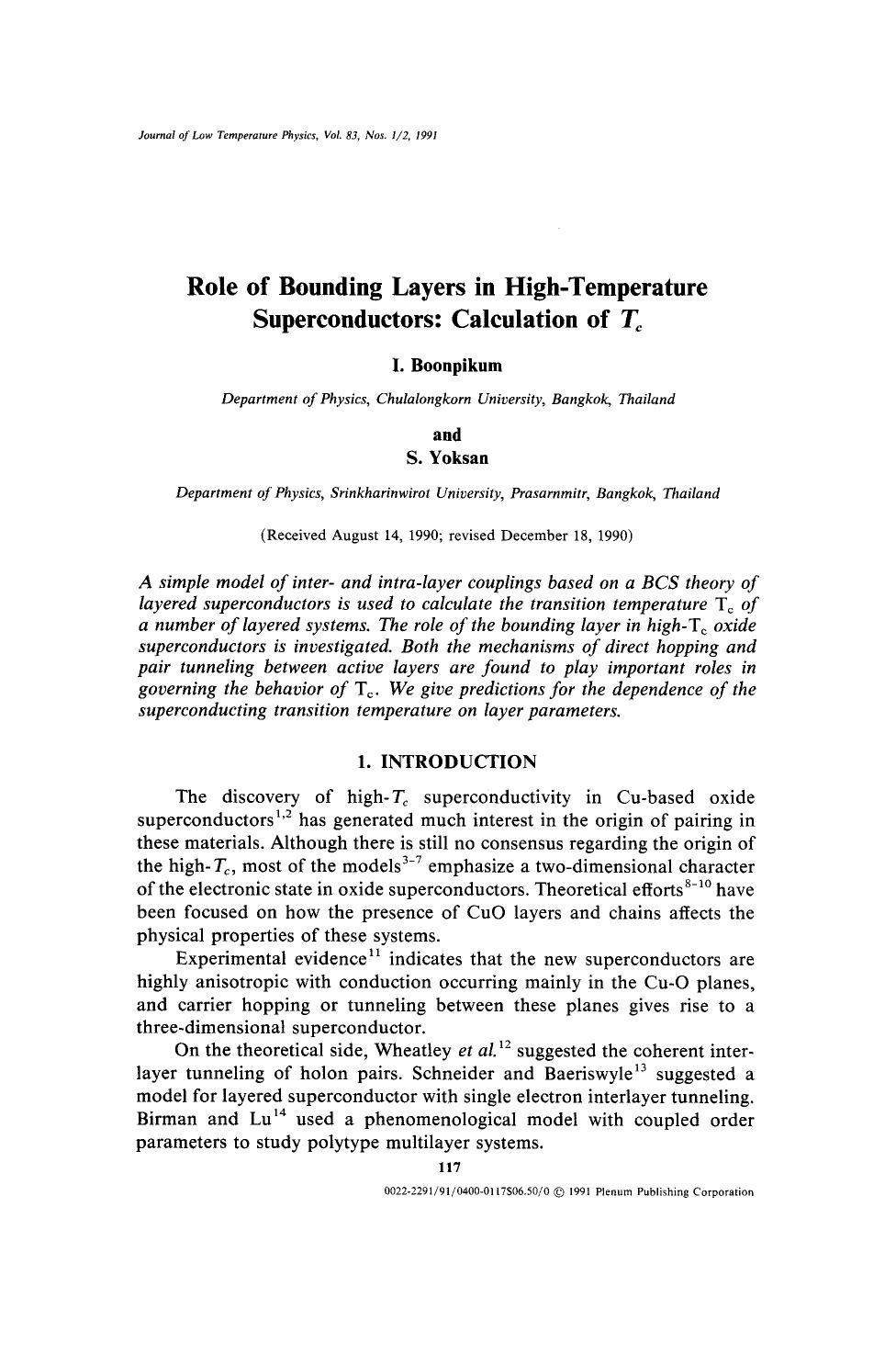 Role of bounding layers in high-temperature superconductors: Calculation of <Emphasis Type="Italic">T <Emphasis> <Subscript> <Emphasis Type="Italic">c <Emphasis> <Subscript> by Unknown