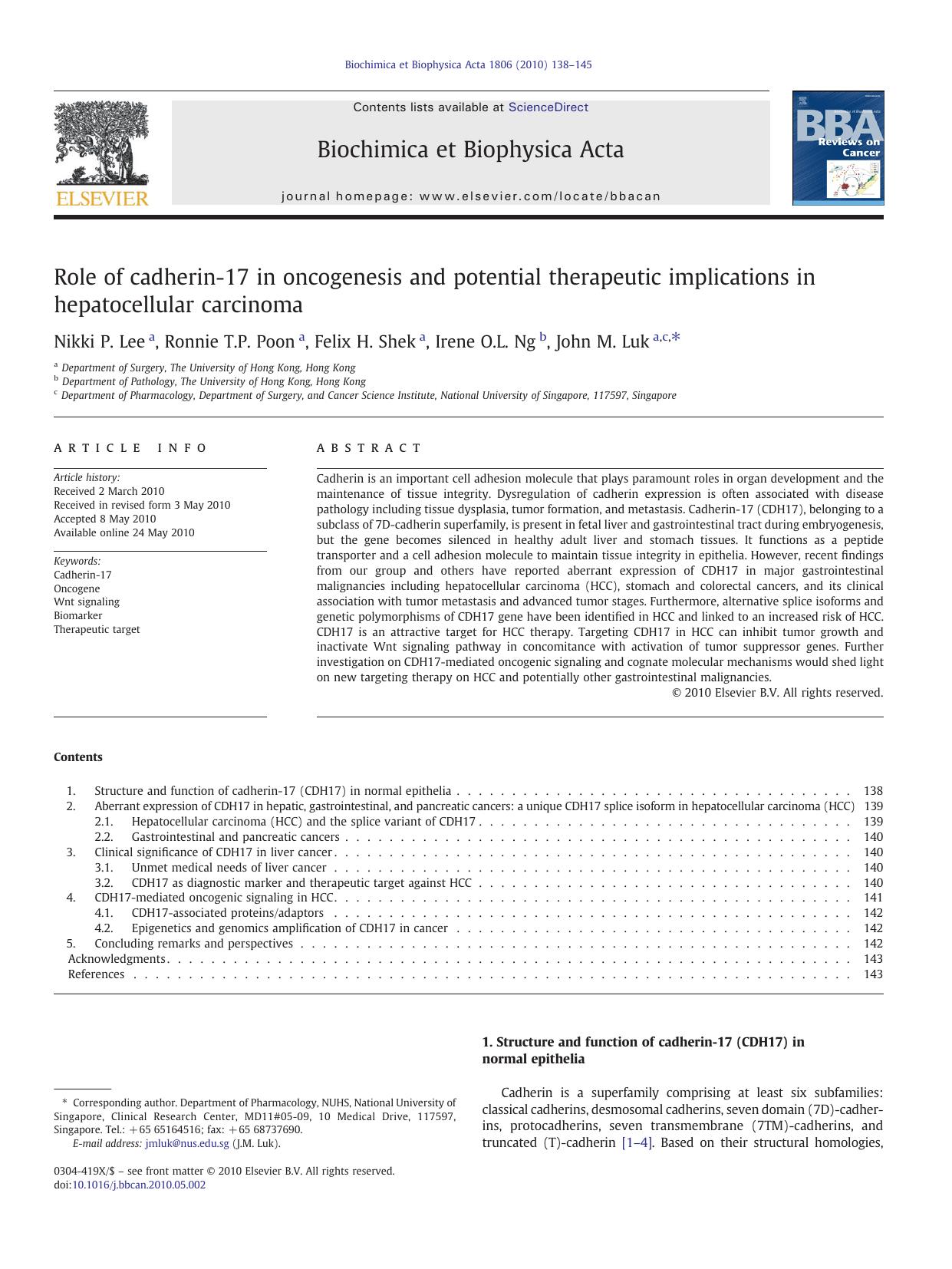 Role of cadherin-17 in oncogenesis and potential therapeutic implications in hepatocellular carcinoma by Nikki P. Lee & Ronnie T.P. Poon & Felix H. Shek & Irene O.L. Ng & John M. Luk