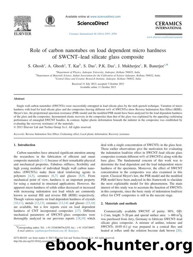 Role of carbon nanotubes on load dependent micro hardness of SWCNTâlead silicate glass composite by S. Ghosh & A. Ghosh & T. Kar & S. Das & P.K. Das & J. Mukherjee & R. Banerjee