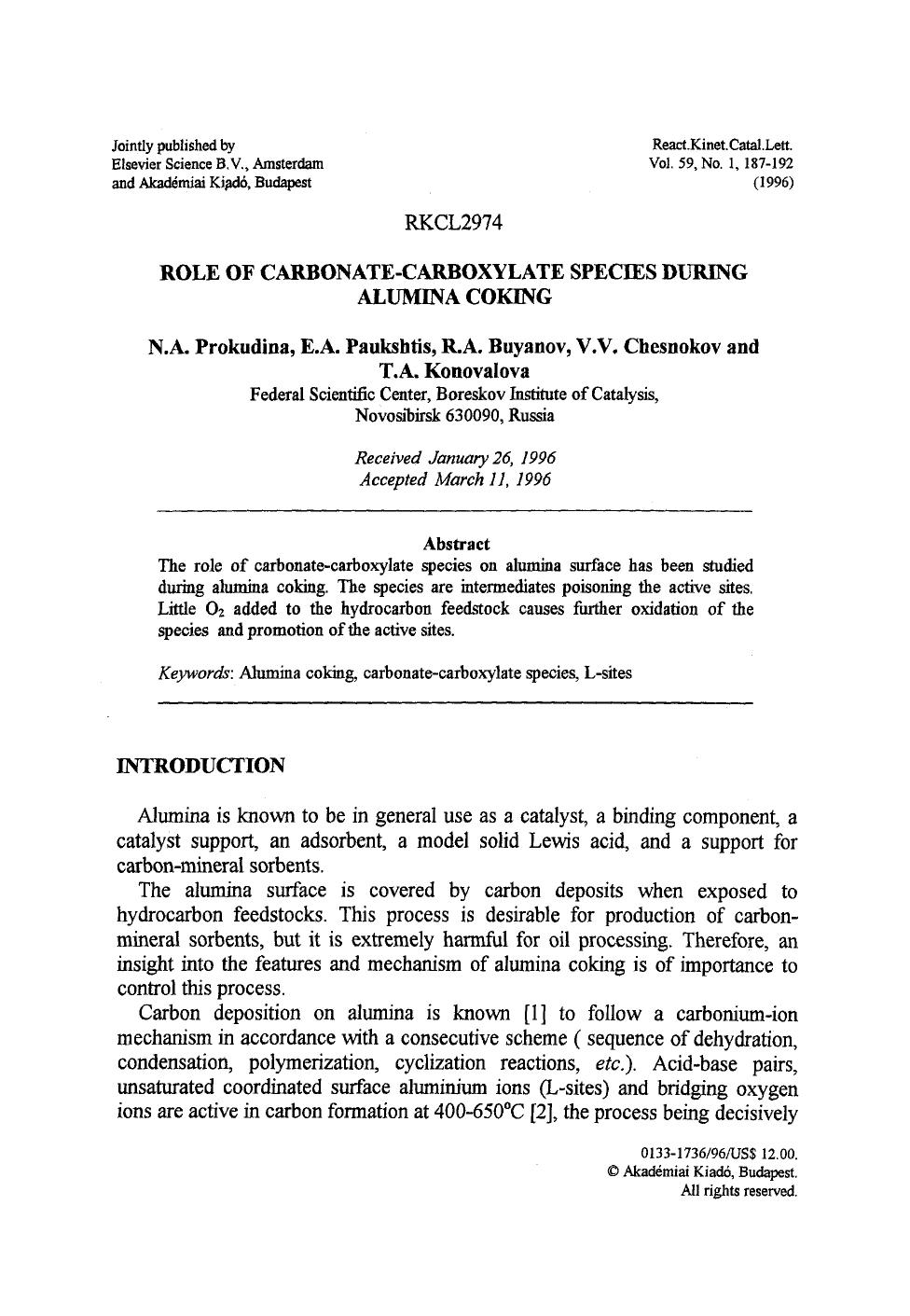 Role of carbonate-carboxylate species during alumina coking by Unknown