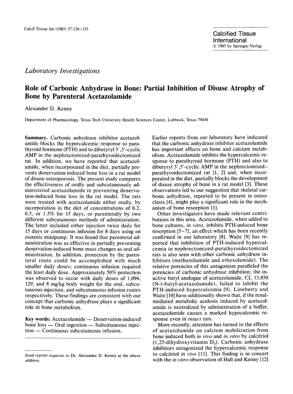 Role of carbonic anhydrase in bone: Partial inhibition of disuse atrophy of bone by parenteral acetazolamide by Unknown