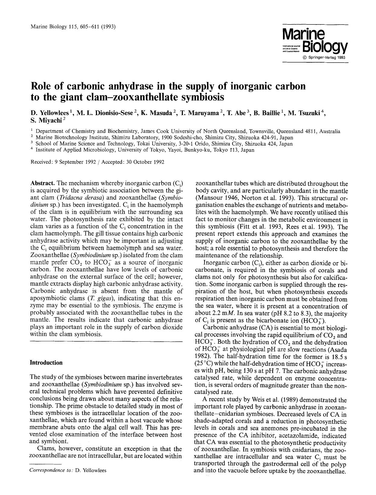 Role of carbonic anhydrase in the supply of inorganic carbon to the giant clam—zooxanthellate symbiosis by Unknown