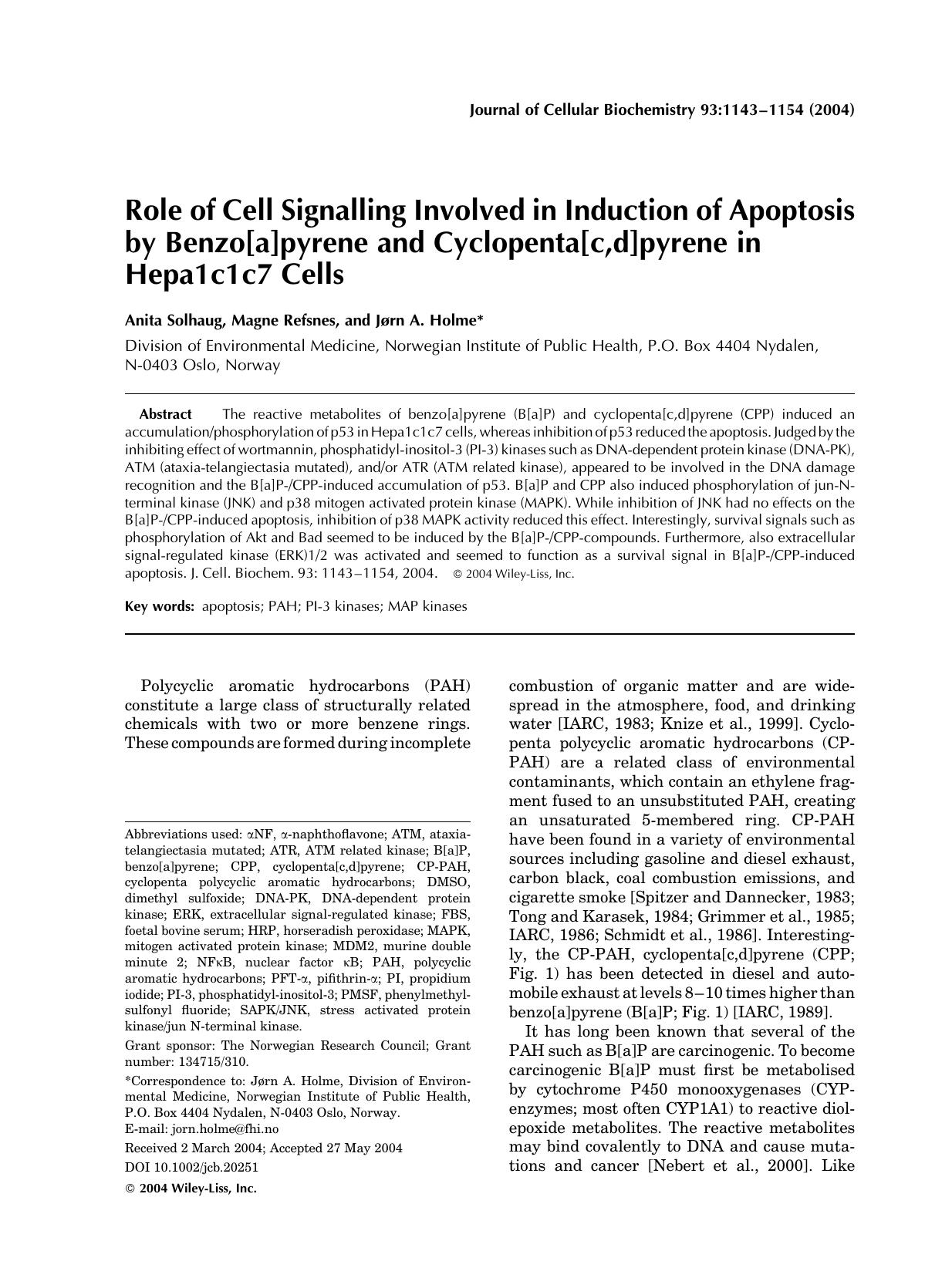 Role of cell signalling involved in induction of apoptosis by benzo[a]pyrene and cyclopenta[c,d]pyrene in Hepa1c1c7 cells by Unknown