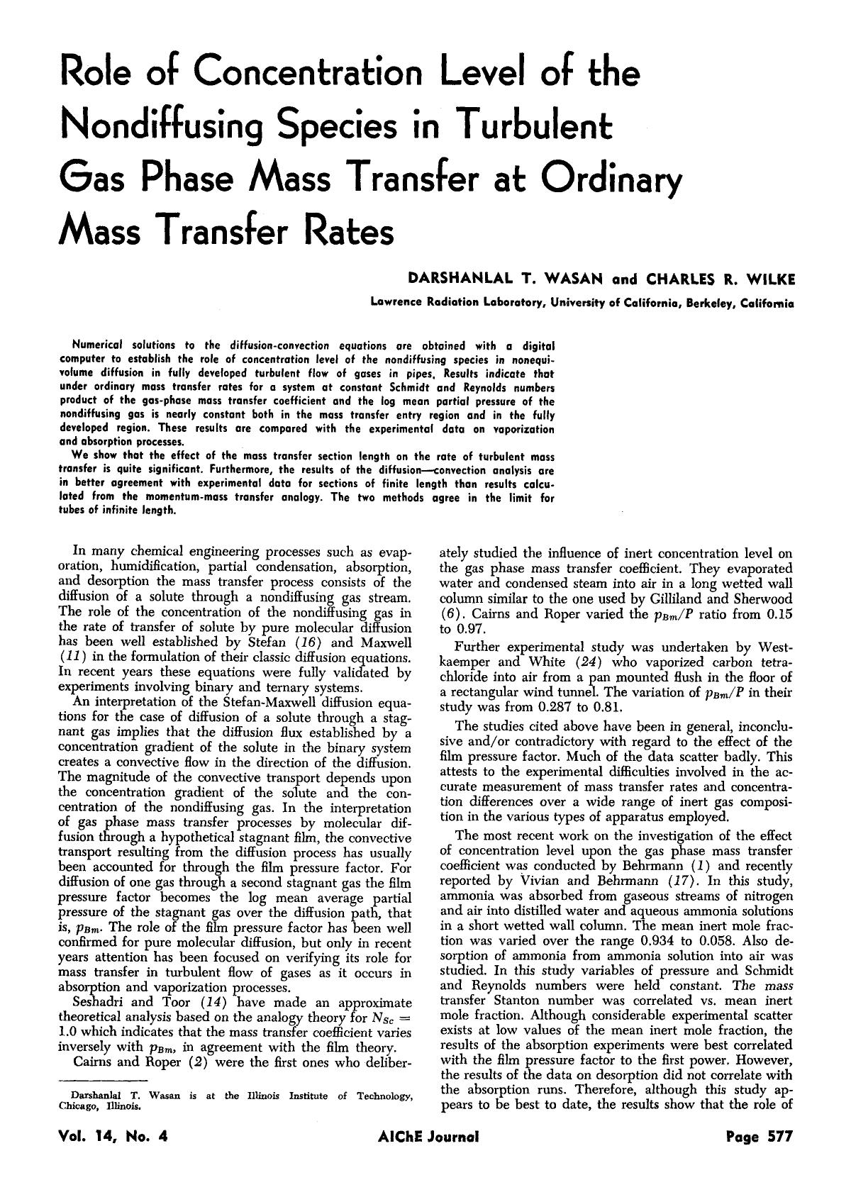 Role of concentration level of the nondiffusing species in turbulent gas phase mass transfer at ordinary mass transfer rates by Unknown