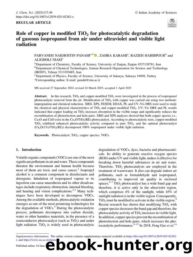 Role of copper in modified TiO2 for photocatalytic degradation of gaseous isopropanol from air under ultraviolet and visible light radiation by Parvaneh Nakhostin Panahi & Zahra Karami & Razieh Habibpour & Aligholi Niaei