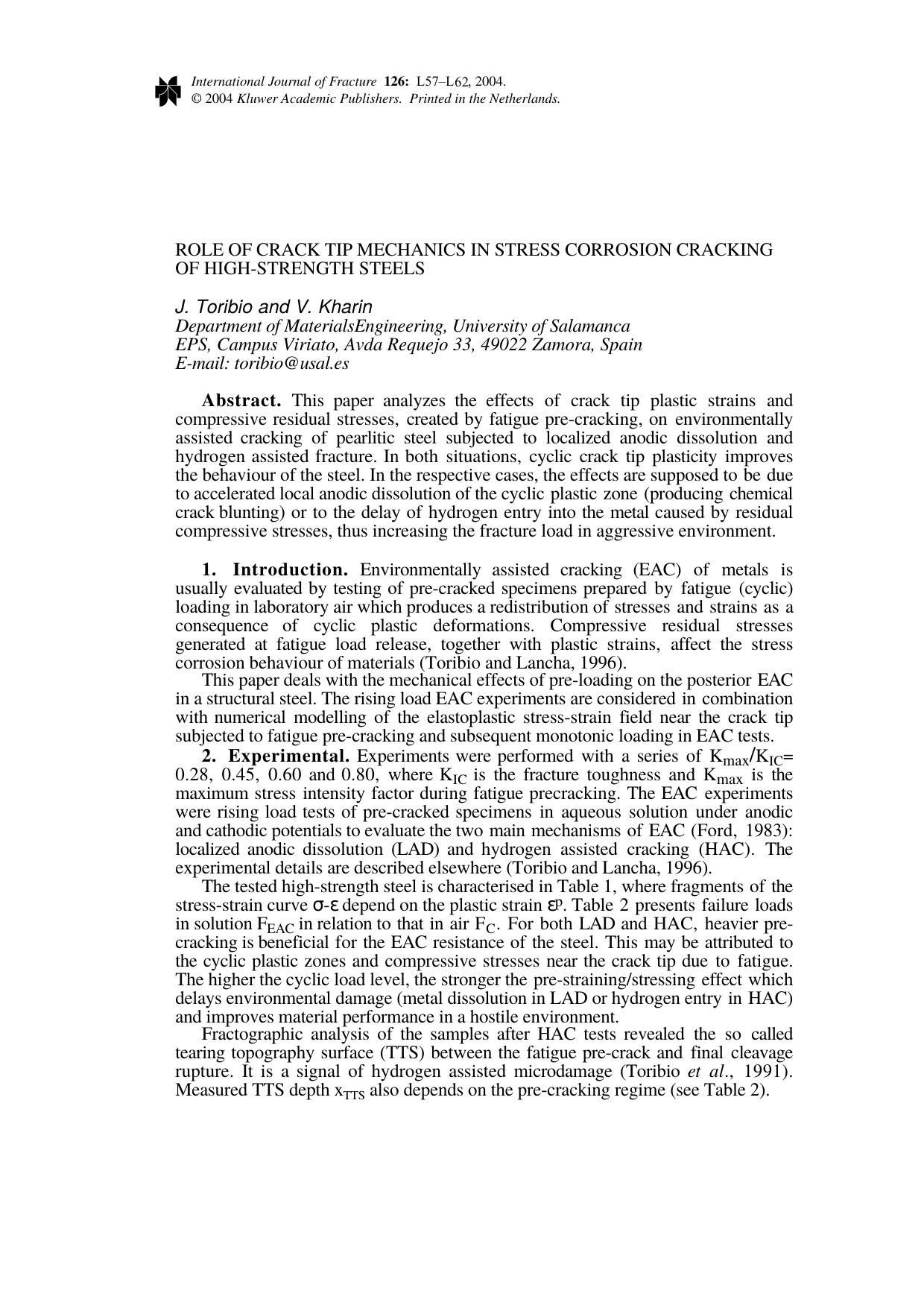 Role of crack tip mechanics in stress corrosion cracking of high-strength steels by Unknown