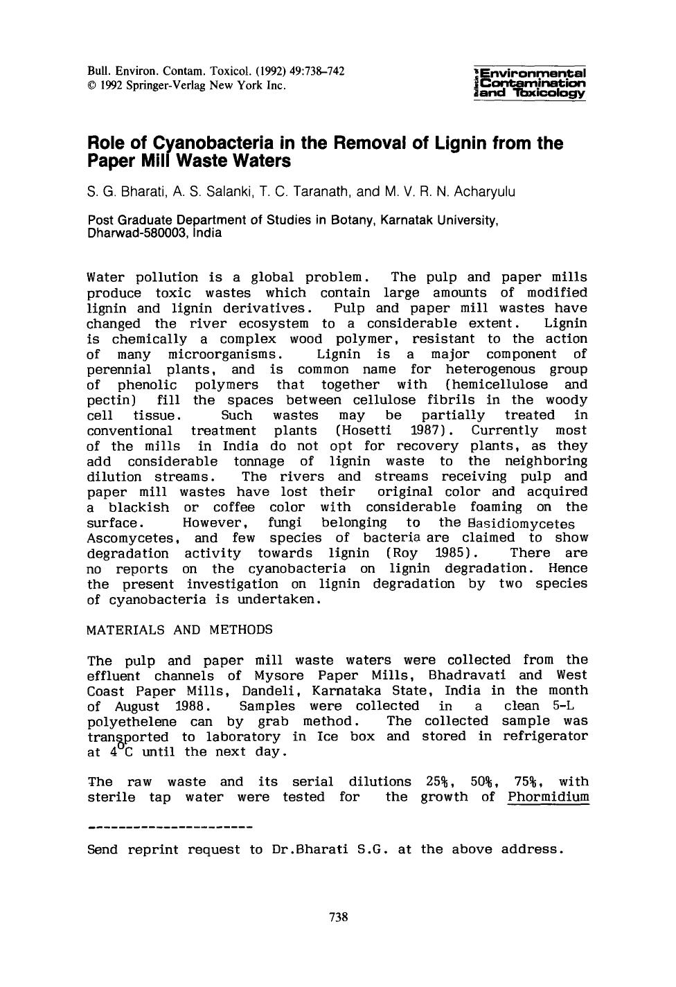 Role of cyanobacteria in the removal of lignin from the paper mill waste waters by Unknown