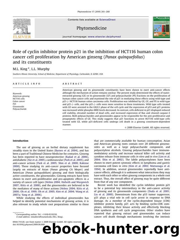 Role of cyclin inhibitor protein p21 in the inhibition of HCT116 human colon cancer cell proliferation by American ginseng (Panax quinquefolius) and its constituents by M.L. King; L.L. Murphy