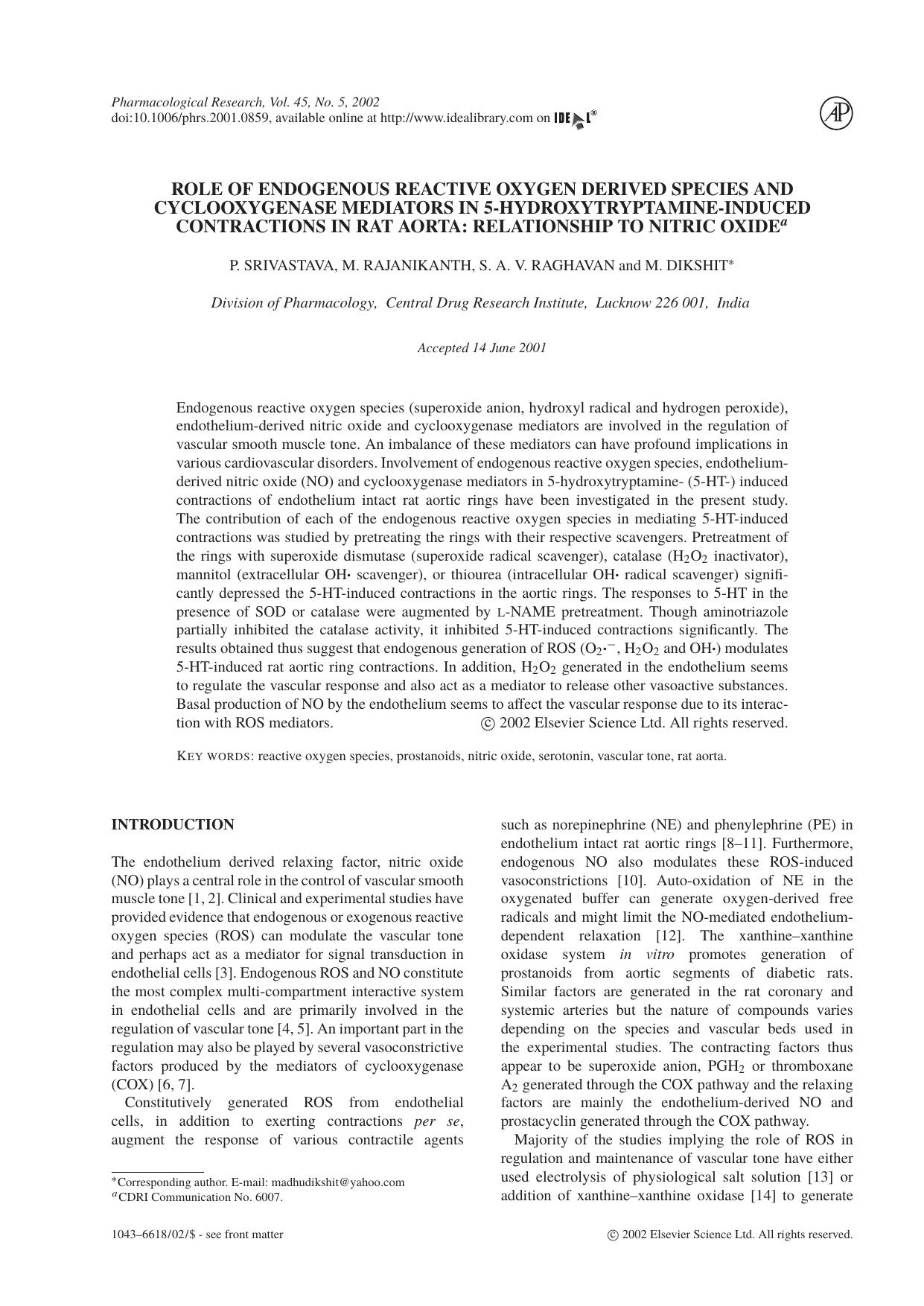 Role of endogenous reactive oxygen derived species and cyclooxygenase mediators in 5-hydroxytryptamine-induced contractions in rat aorta: relationship to nitric oxide by P. Srivastava et al