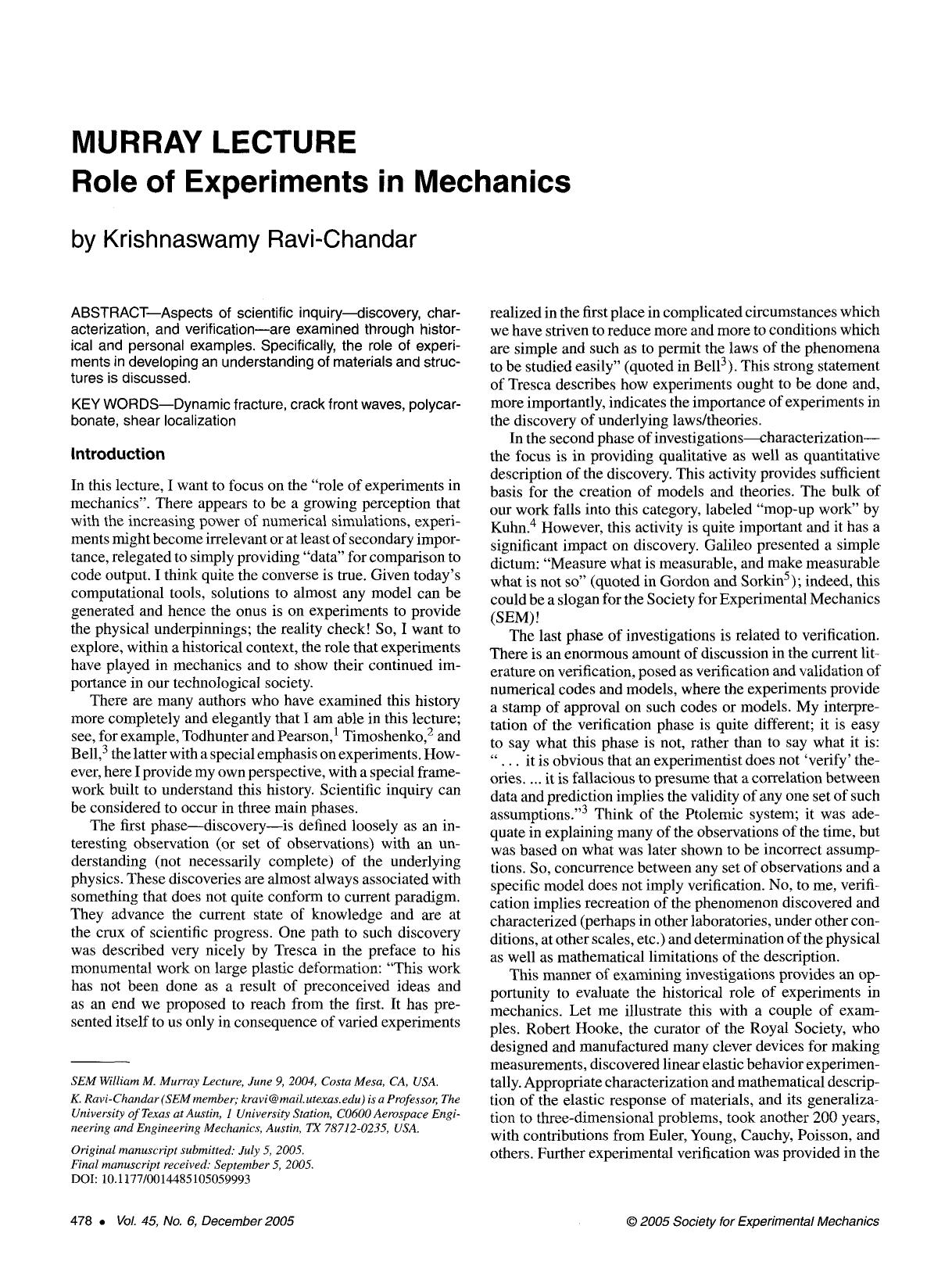 Role of experiments in mechanics by Unknown