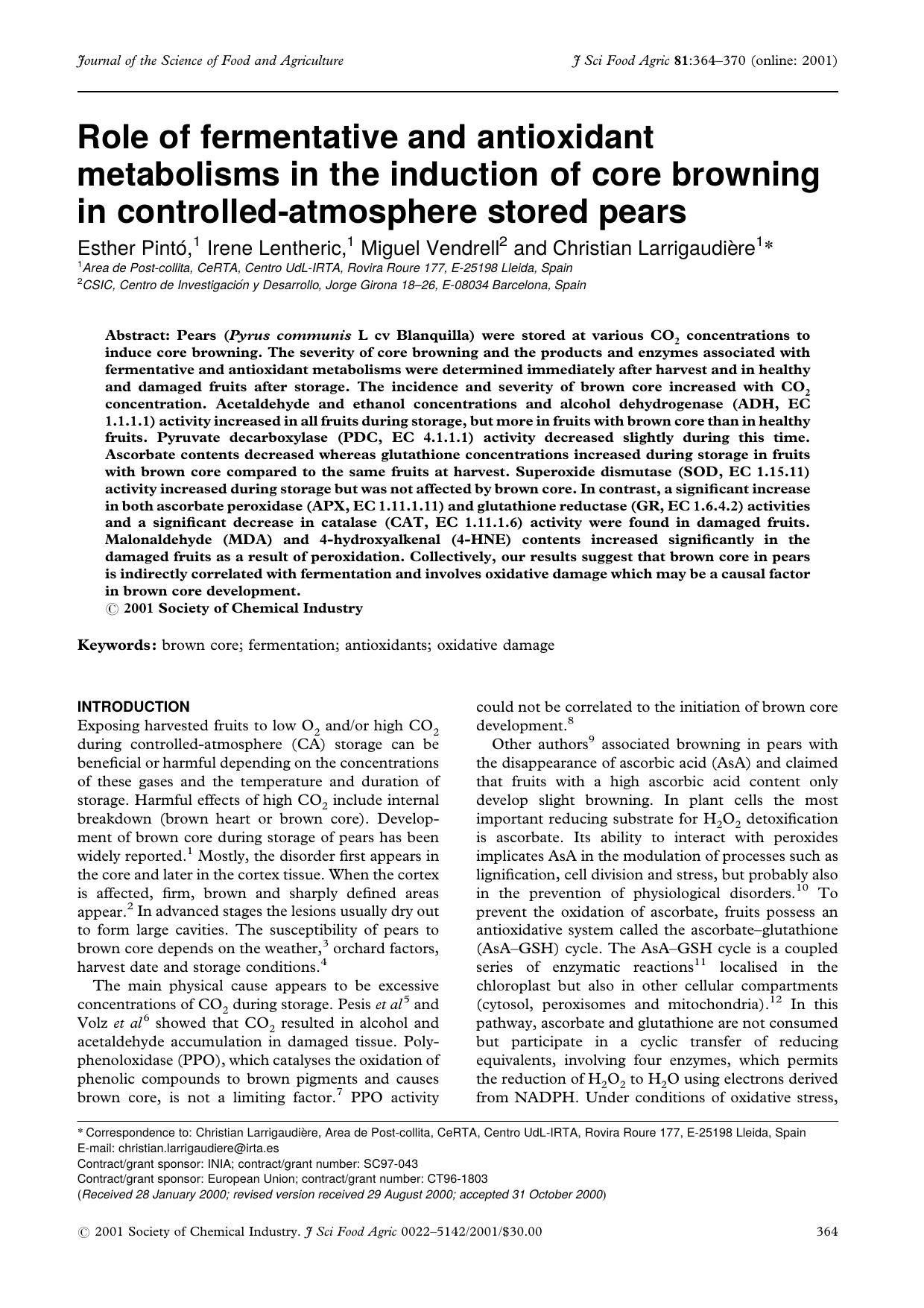 Role of fermentative and antioxidant metabolisms in the induction of core browning in controlled-atmosphere stored pears by Unknown