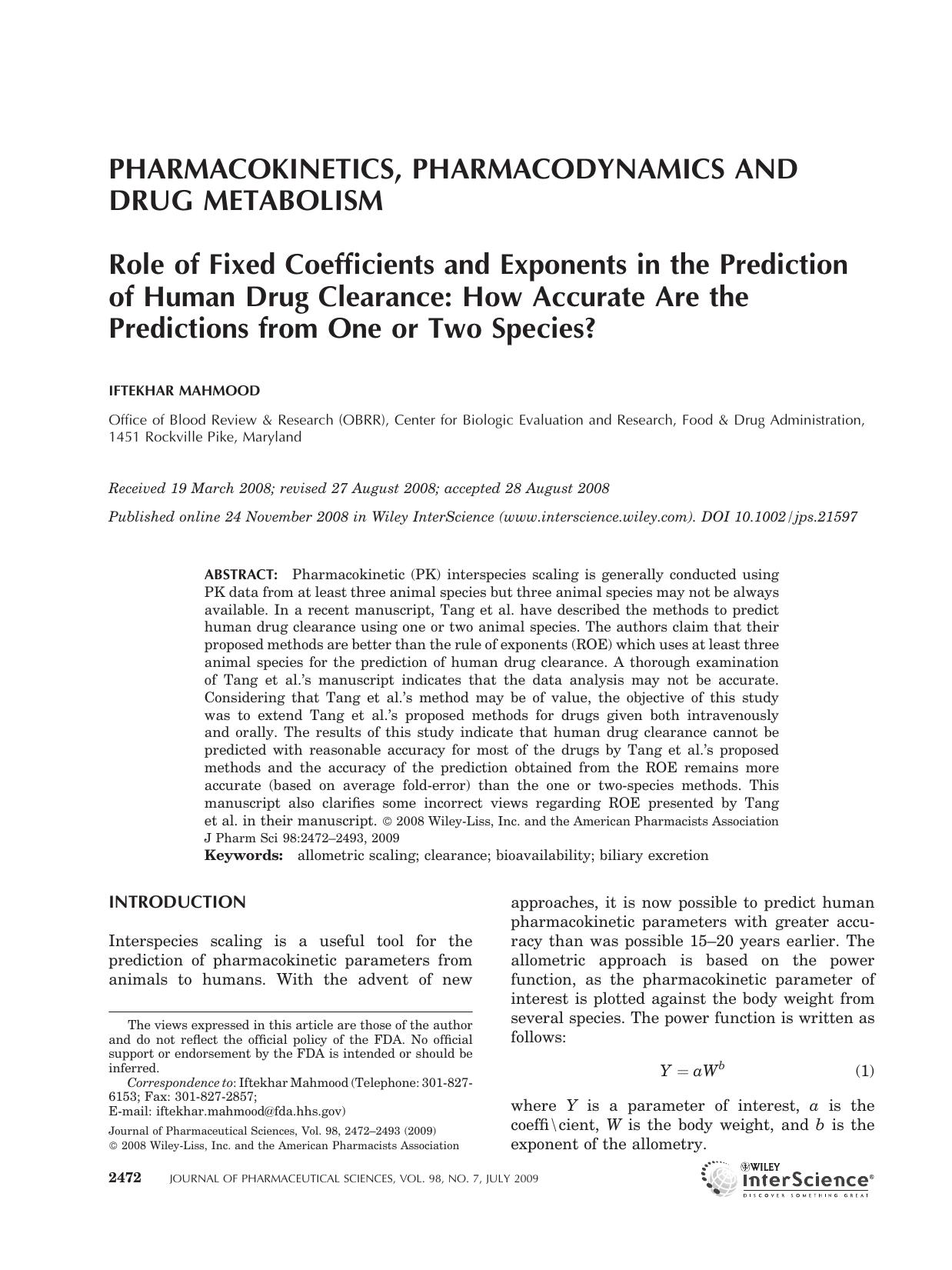 Role of fixed coefficients and exponents in the prediction of human drug clearance: How accurate are the predictions from one or two species? by Unknown