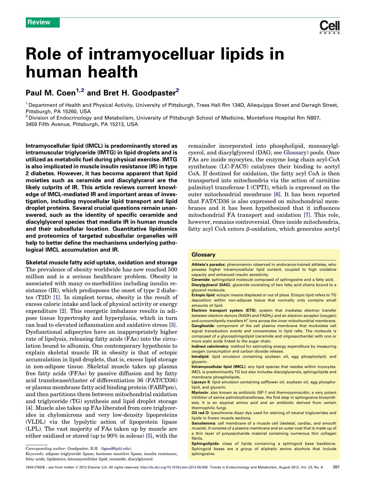 Role of intramyocelluar lipids in human health by Paul M. Coen & Bret H. Goodpaster