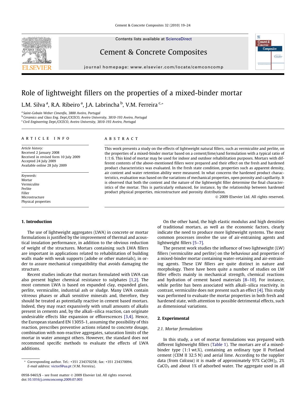 Role of lightweight fillers on the properties of a mixed-binder mortar by L.M. Silva; R.A. Ribeiro; J.A. Labrincha; V.M. Ferreira