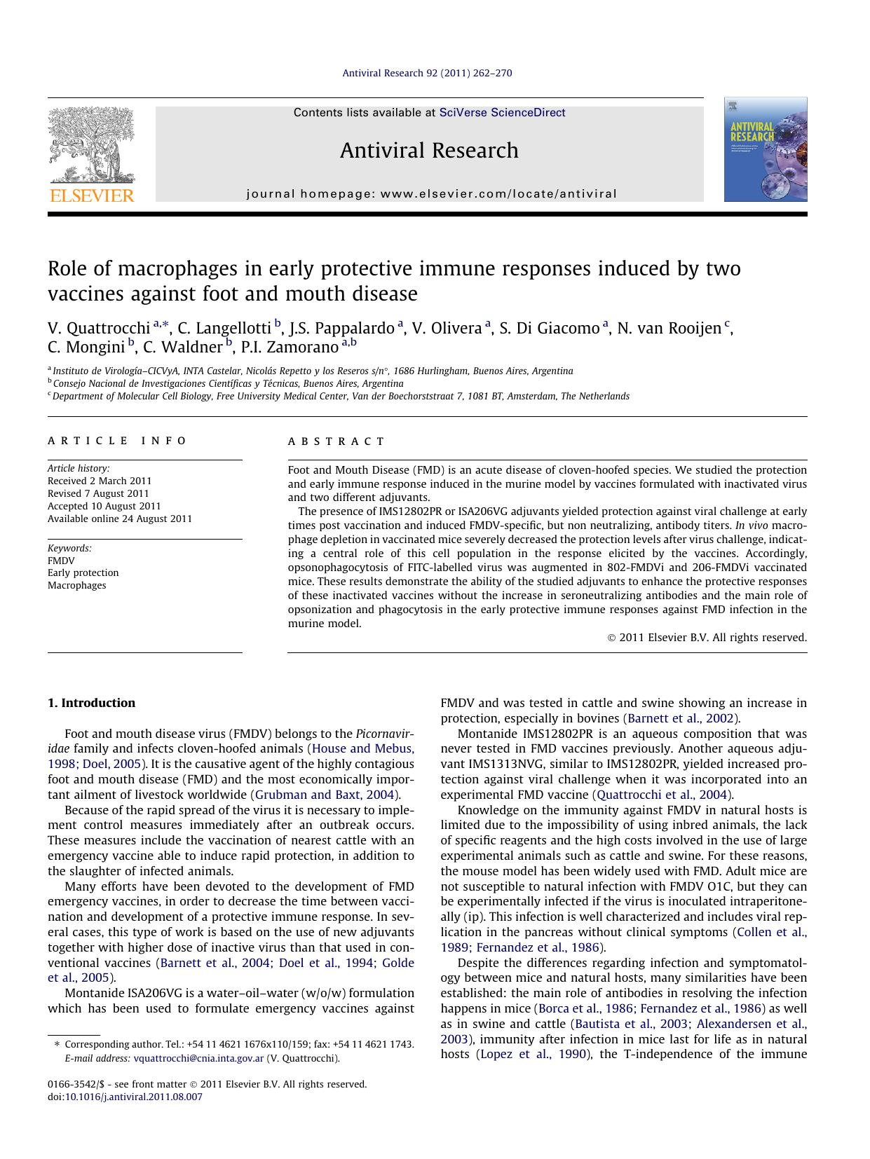 Role of macrophages in early protective immune responses induced by two vaccines against foot and mouth disease by unknow