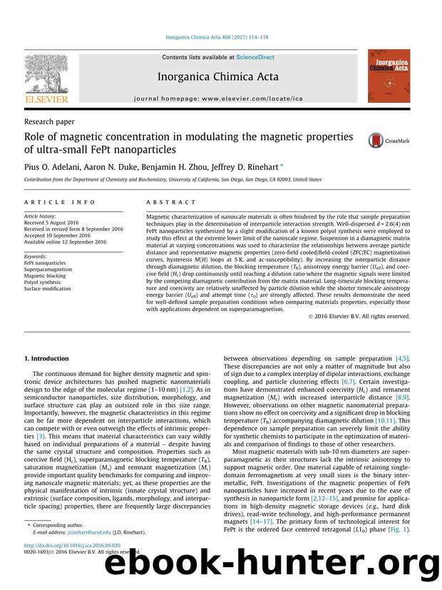 Role of magnetic concentration in modulating the magnetic properties of ultra-small FePt nanoparticles by Pius O. Adelani & Aaron N. Duke & Benjamin H. Zhou & Jeffrey D. Rinehart
