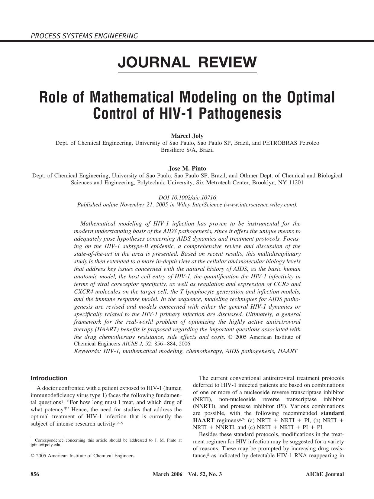 Role of mathematical modeling on the optimal control of HIV-1 pathogenesis by Unknown