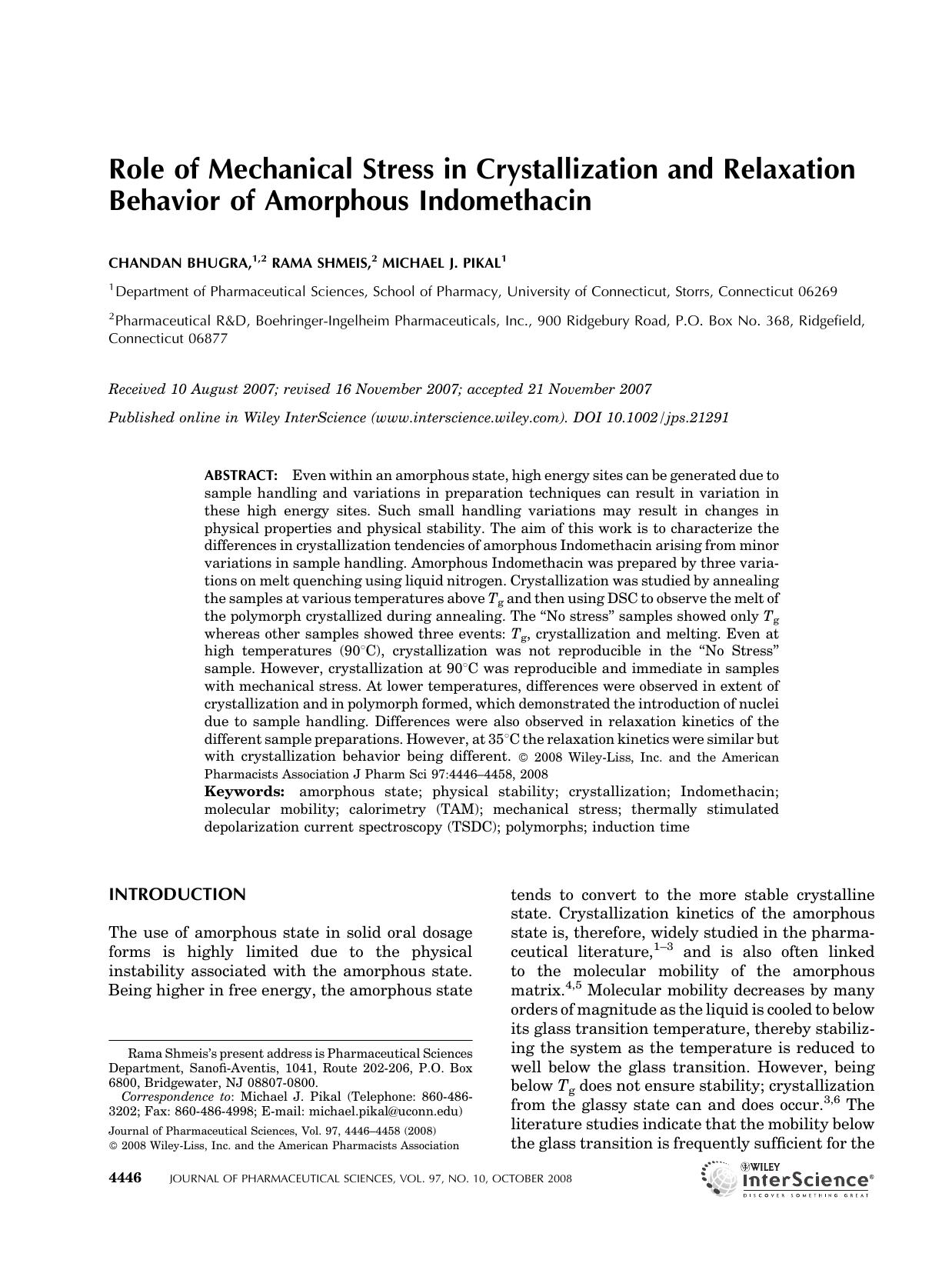 Role of mechanical stress in crystallization and relaxation behavior of amorphous indomethacin by Unknown