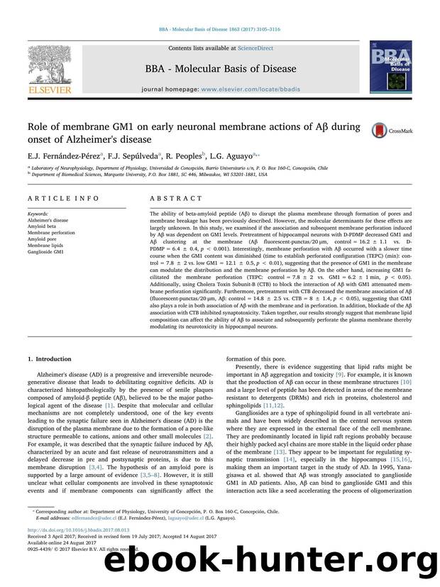 Role of membrane GM1 on early neuronal membrane actions of AÎ² during onset of Alzheimer's disease by E.J. Fernández-Pérez & F.J. Sepúlveda & R. Peoples & L.G. Aguayo