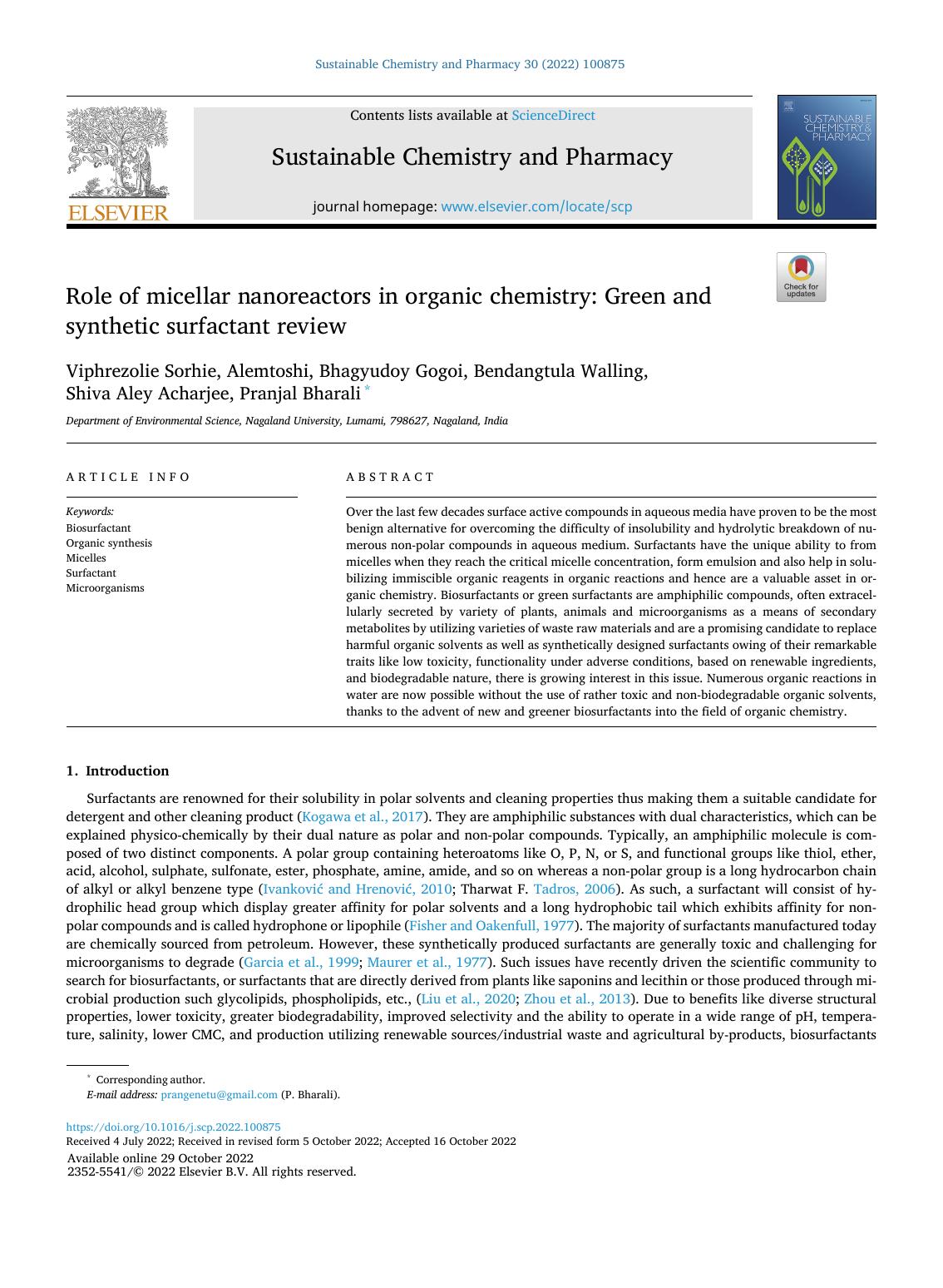 Role of micellar nanoreactors in organic chemistry: Green and synthetic surfactant review by unknow