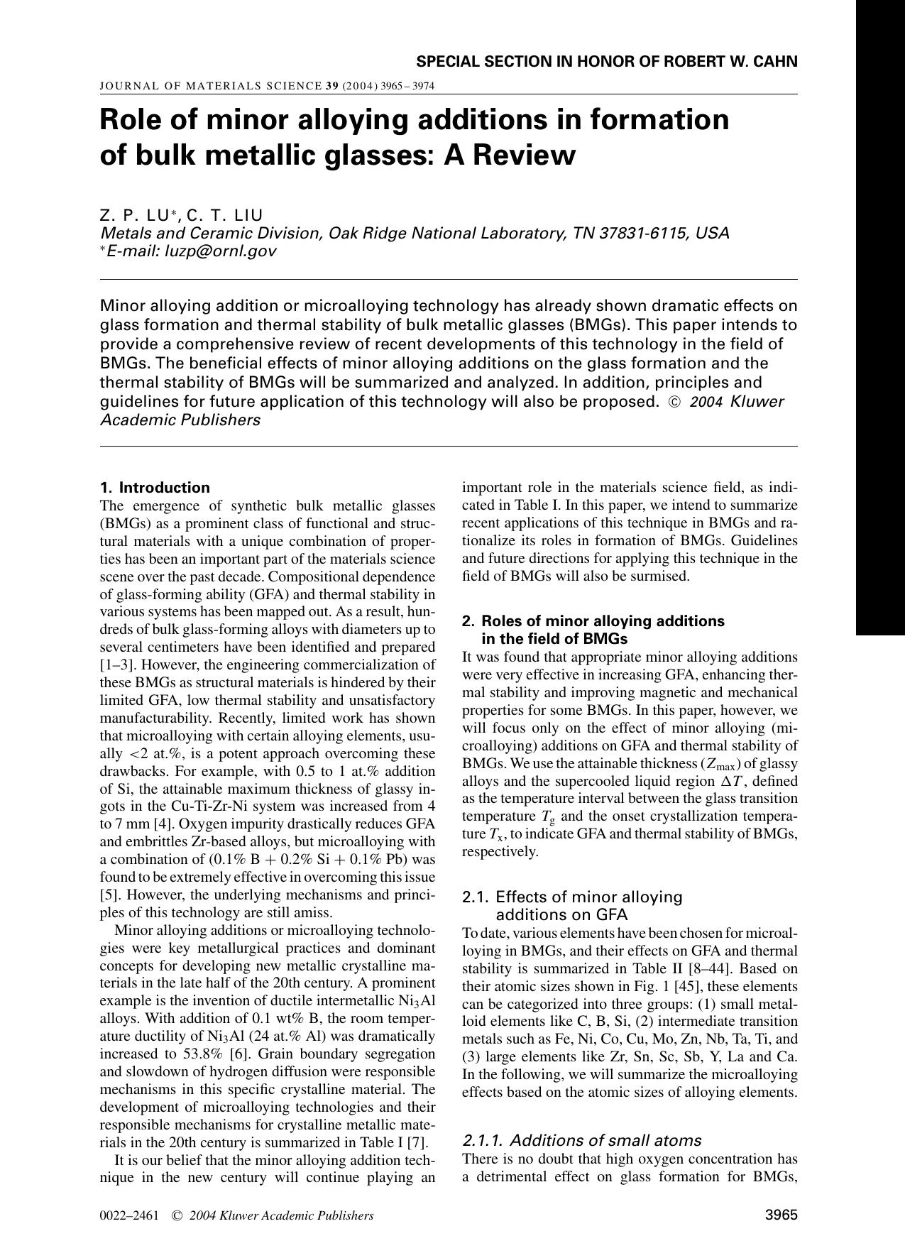 Role of minor alloying additions in formation of bulk metallic glasses: A Review by Unknown