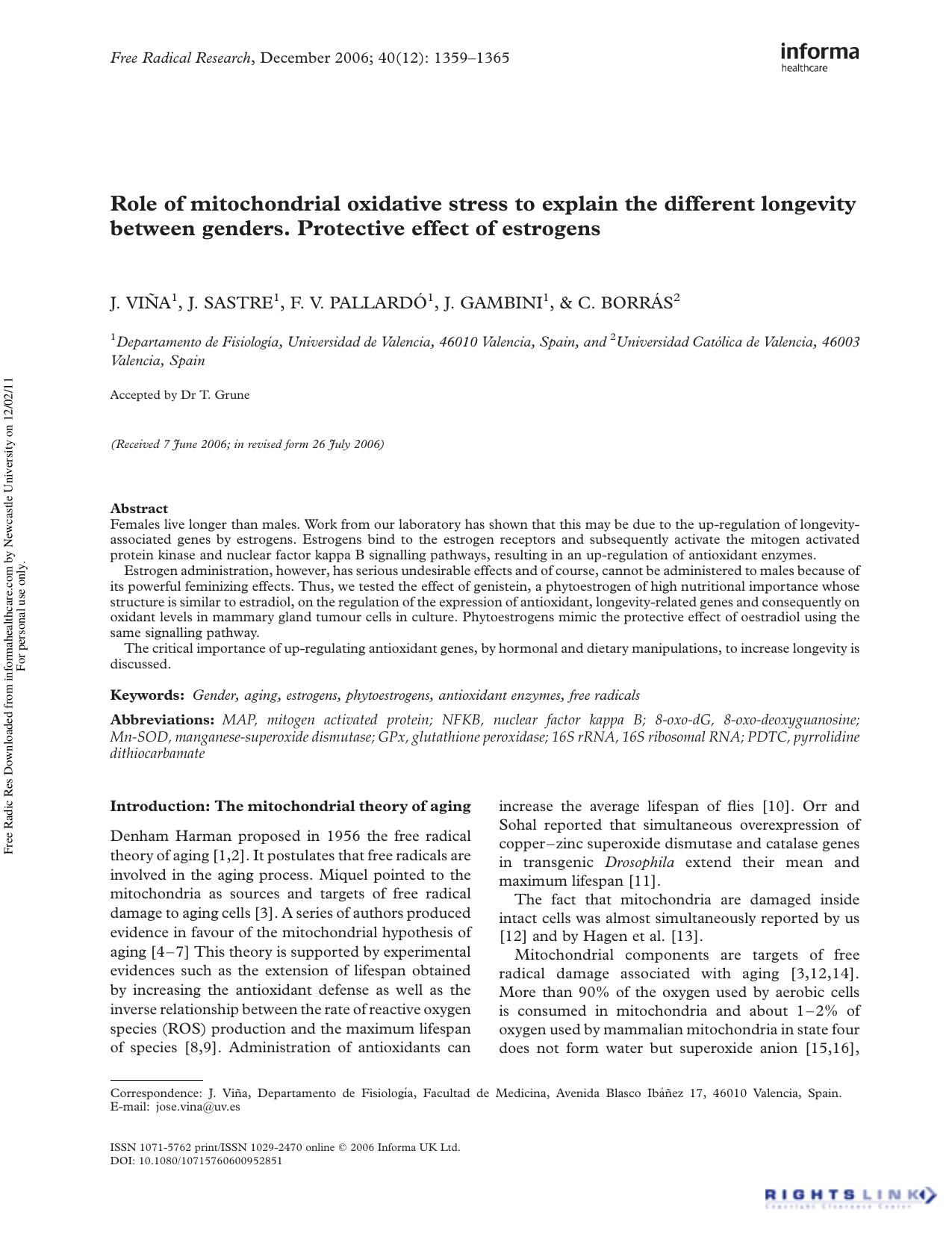 Role of mitochondrial oxidative stress to explain the different longevity between genders. Protective effect of estrogens by J. Viña1† J. Sastre1 F. V. Pallardó1 J. Gambini1 & C. Borrás2