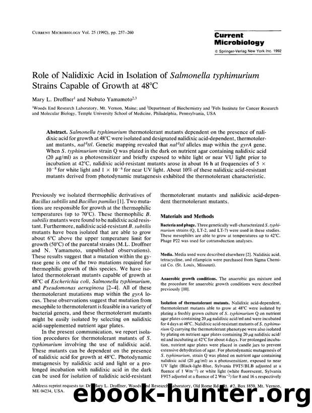 Role of nalidixic acid in isolation of <Emphasis Type="Italic">Salmonella typhimurium <Emphasis> strains capable of growth at 48&#x00B0;C by Unknown