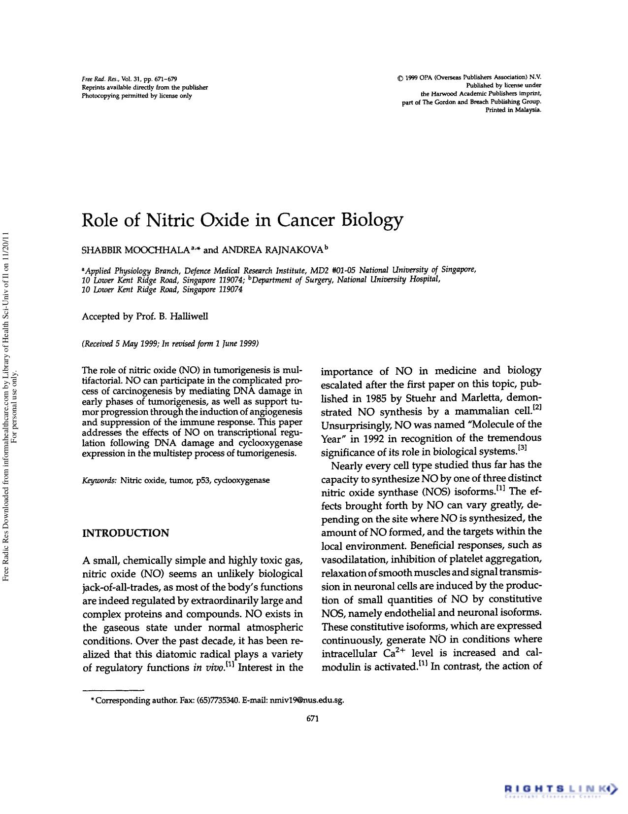 Role of nitric oxide in cancer biology by Shabbir Moochhala & Andrea Rajnakova