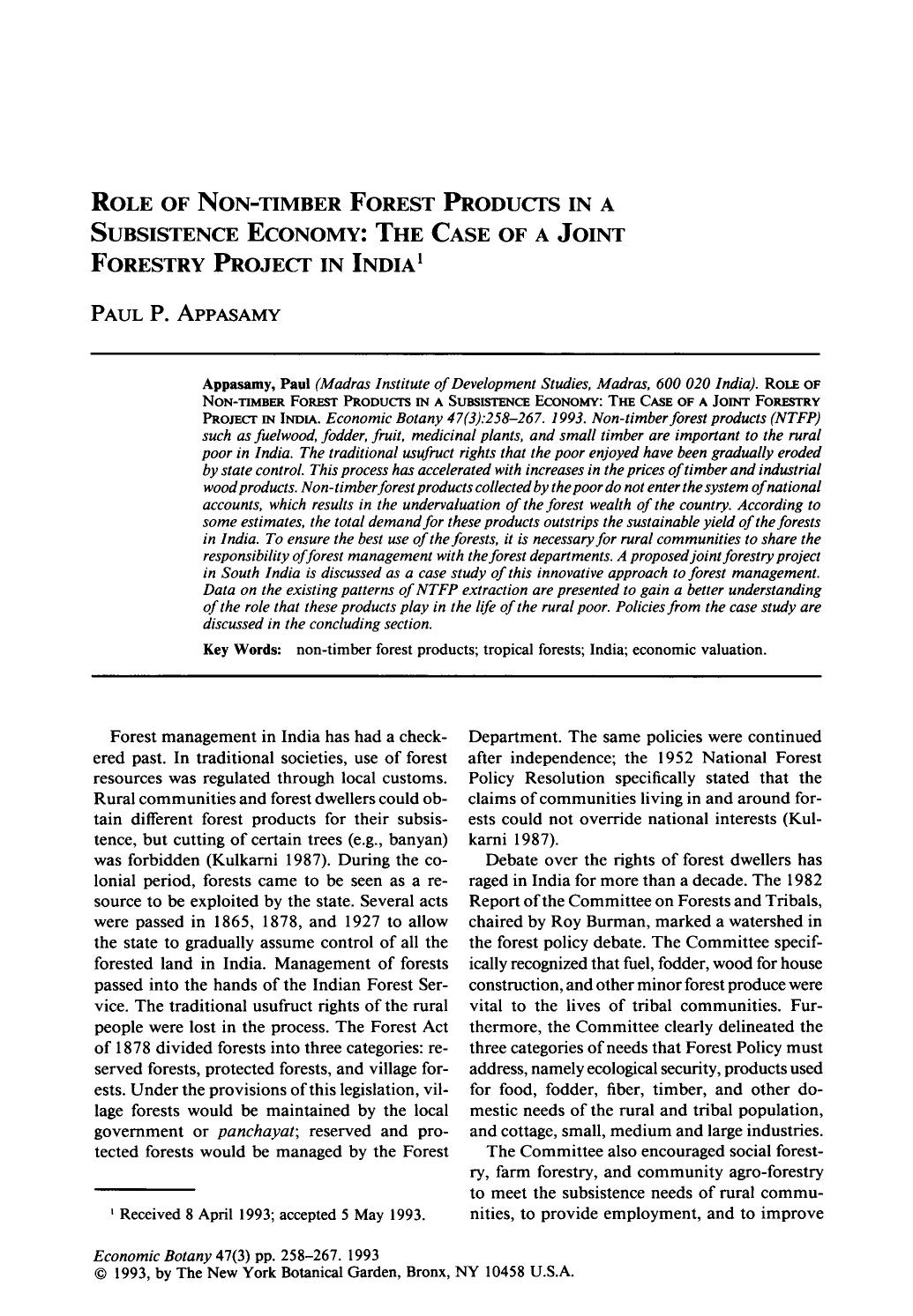 Role of non-timber forest products in a subsistence economy: The case of a joint forestry project in India by Unknown