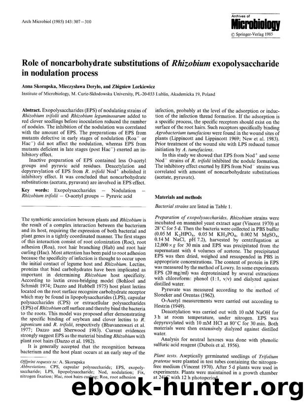 Role of noncarbohydrate substitutions of <Emphasis Type="Italic">Rhizobium<Emphasis> exopolysaccharide in nodulation process by Unknown