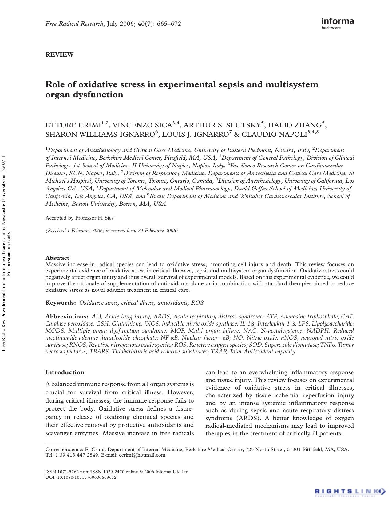 Role of oxidative stress in experimental sepsis and multisystem organ dysfunction by unknow