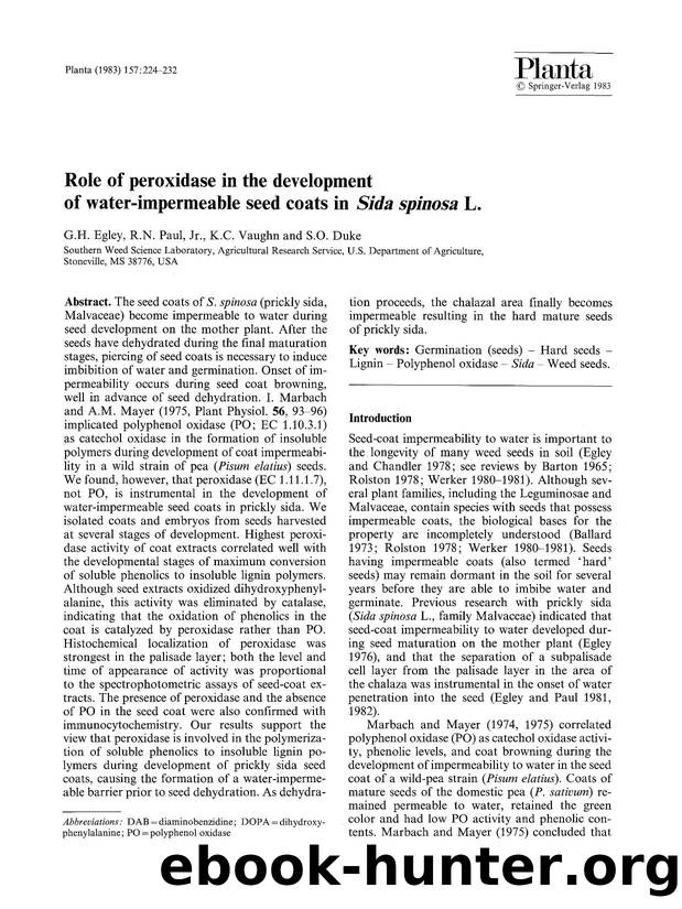 Role of peroxidase in the development of water-impermeable seed coats in <Emphasis Type="Italic">Sida spinosa<Emphasis> L. by Unknown