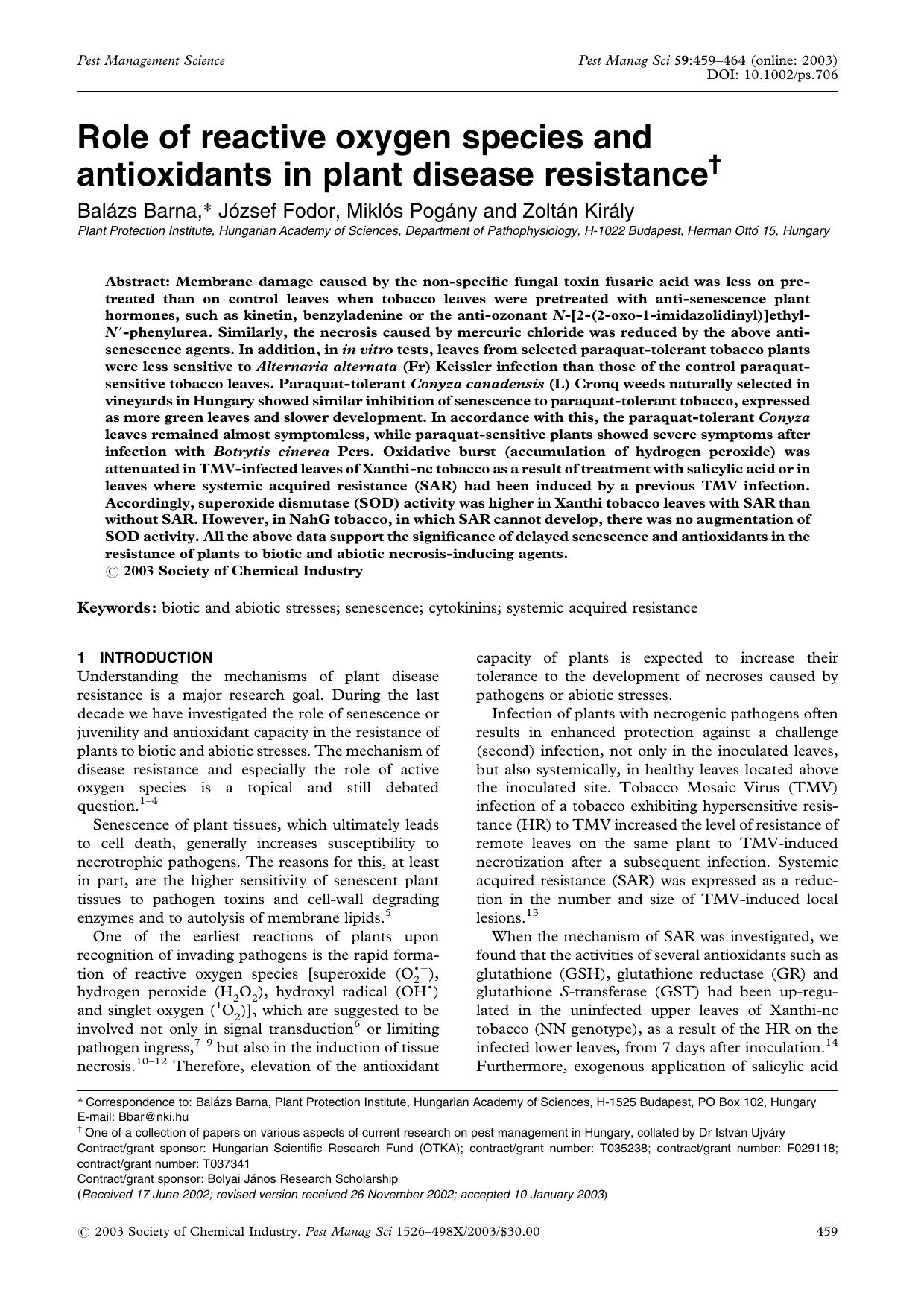 Role of reactive oxygen species and antioxidants in plant disease resistance by Unknown