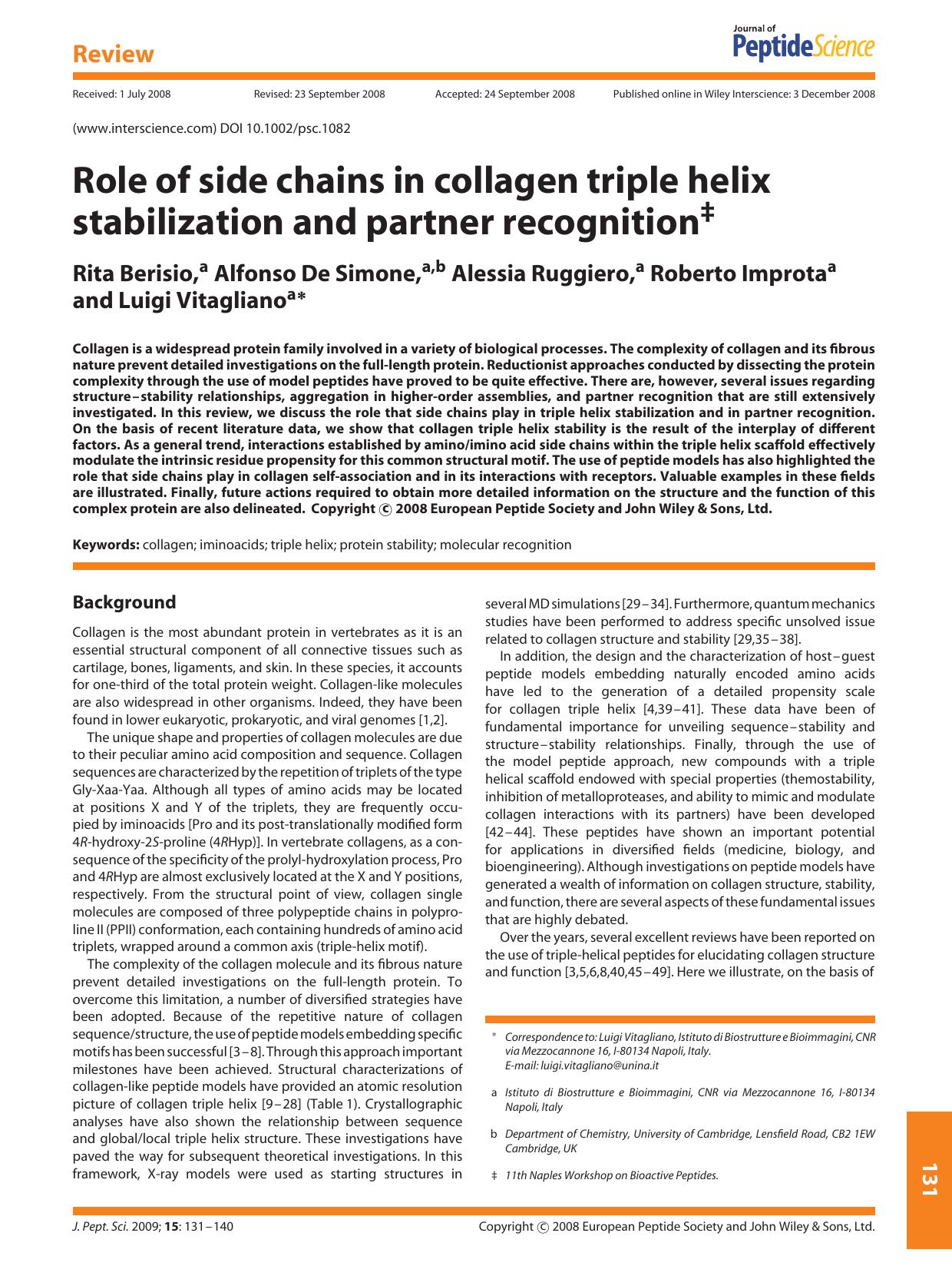 Role of side chains in collagen triple helix stabilization and partner recognition by Unknown
