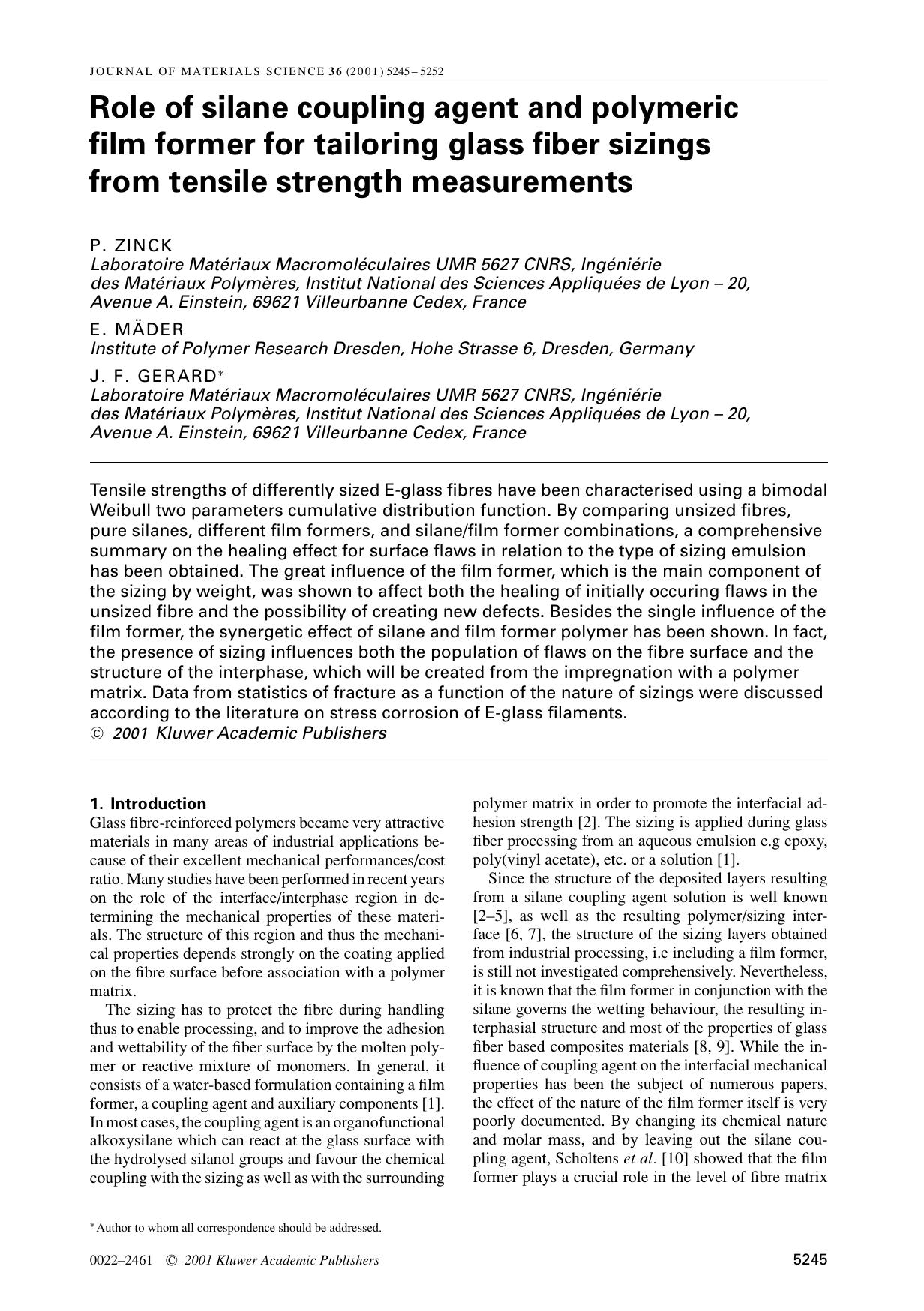 Role of silane coupling agent and polymeric film former for tailoring glass fiber sizings from tensile strength measurements by Unknown