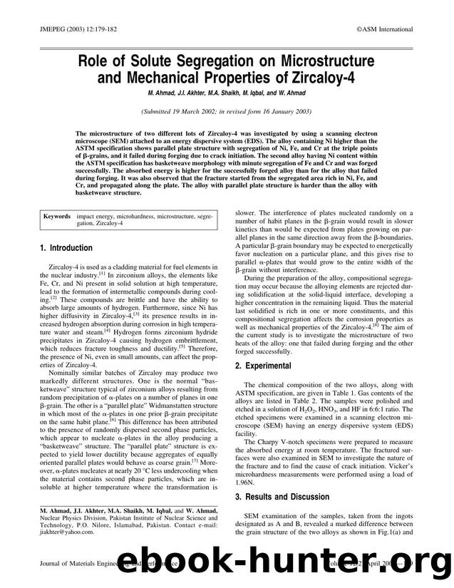 Role of solute segregation on microstructure and mechanical properties of zircaloy-4 by Unknown