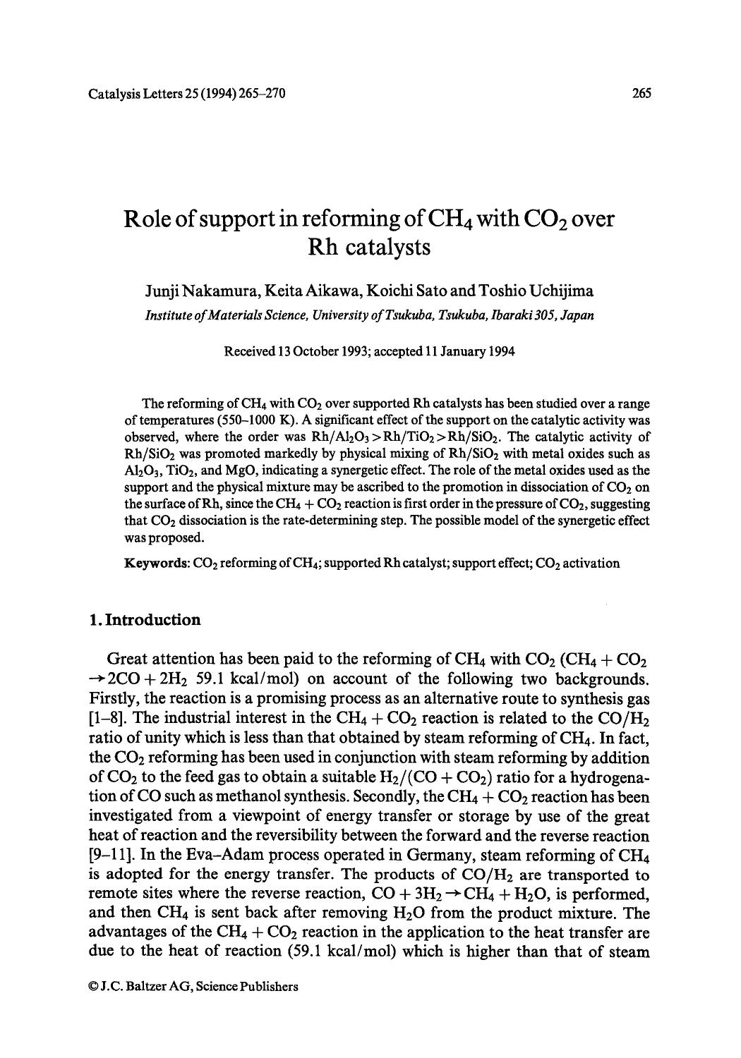 Role of support in reforming of CH <Subscript>4 <Subscript> with CO <Subscript>2 <Subscript> over Rh catalysts by Unknown