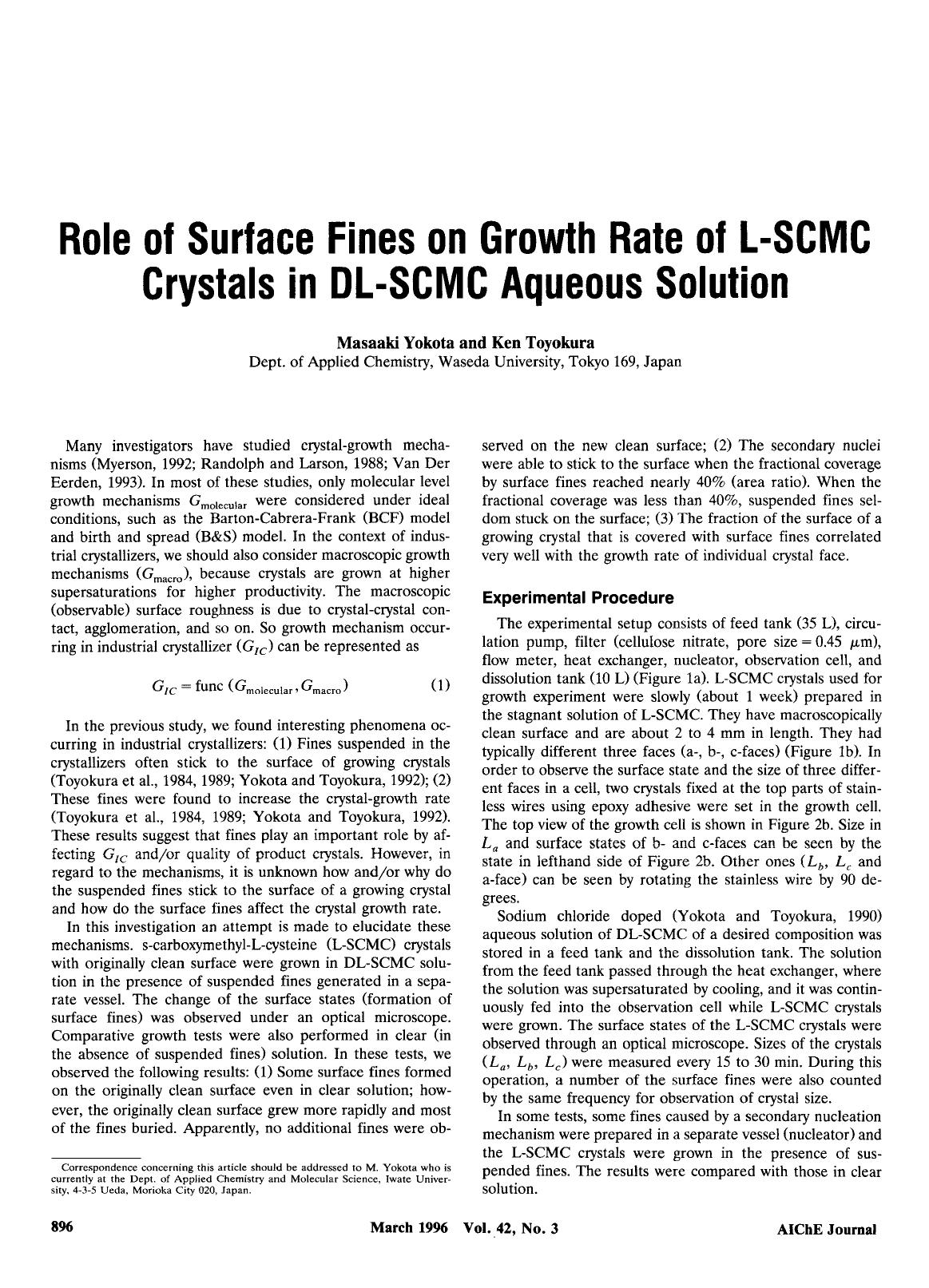 Role of surface fines on growth rate of L-SCMC crystals in DL-SCMC aqueous solution by Unknown