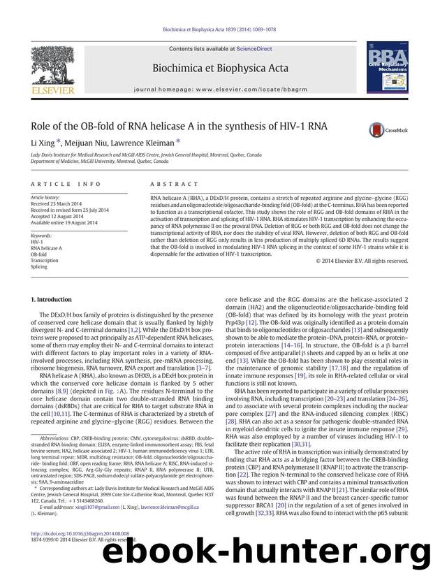 Role of the OB-fold of RNA helicase A in the synthesis of HIV-1 RNA by Li Xing & Meijuan Niu & Lawrence Kleiman