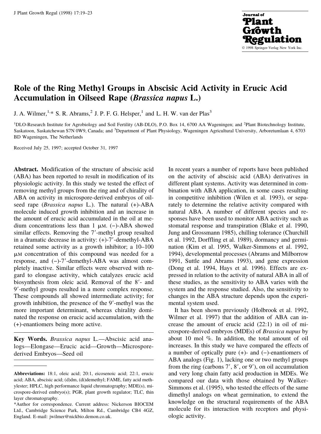 Role of the Ring Methyl Groups in Abscisic Acid Activity in Erucic Acid Accumulation in Oilseed Rape (Brassica napus L.) by Wilmer J. et al