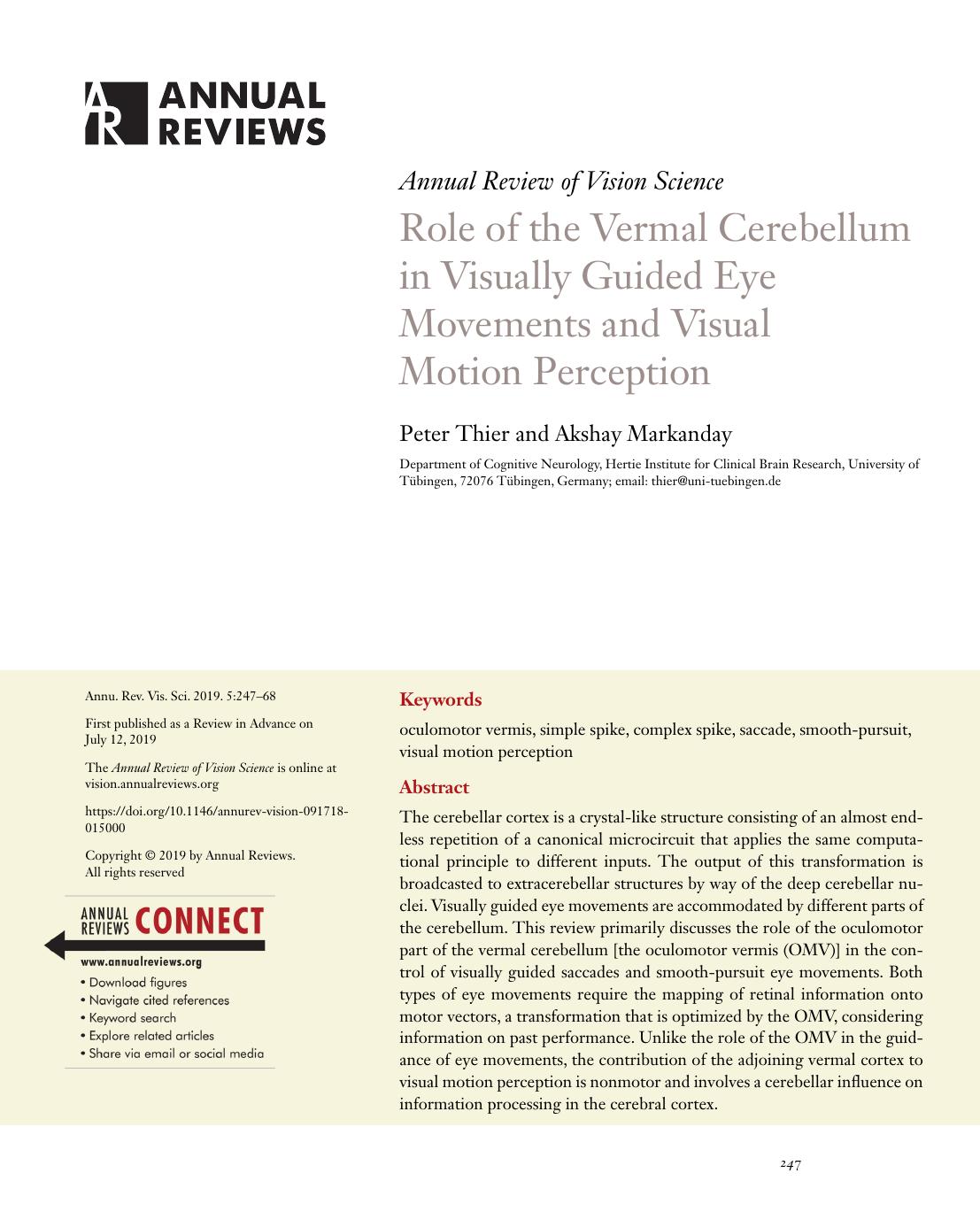 Role of the Vermal Cerebellum in Visually Guided Eye Movements and Visual Motion Perception by Peter Thier and Akshay Markanday