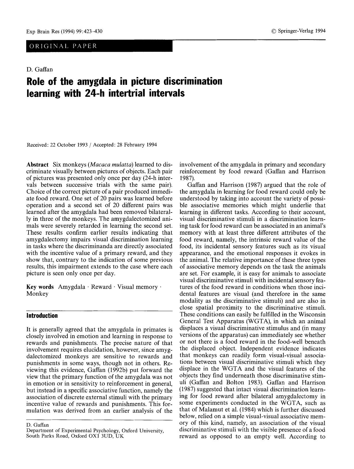 Role of the amygdala in picture discrimination learning with 24-h intertrial intervals by Unknown