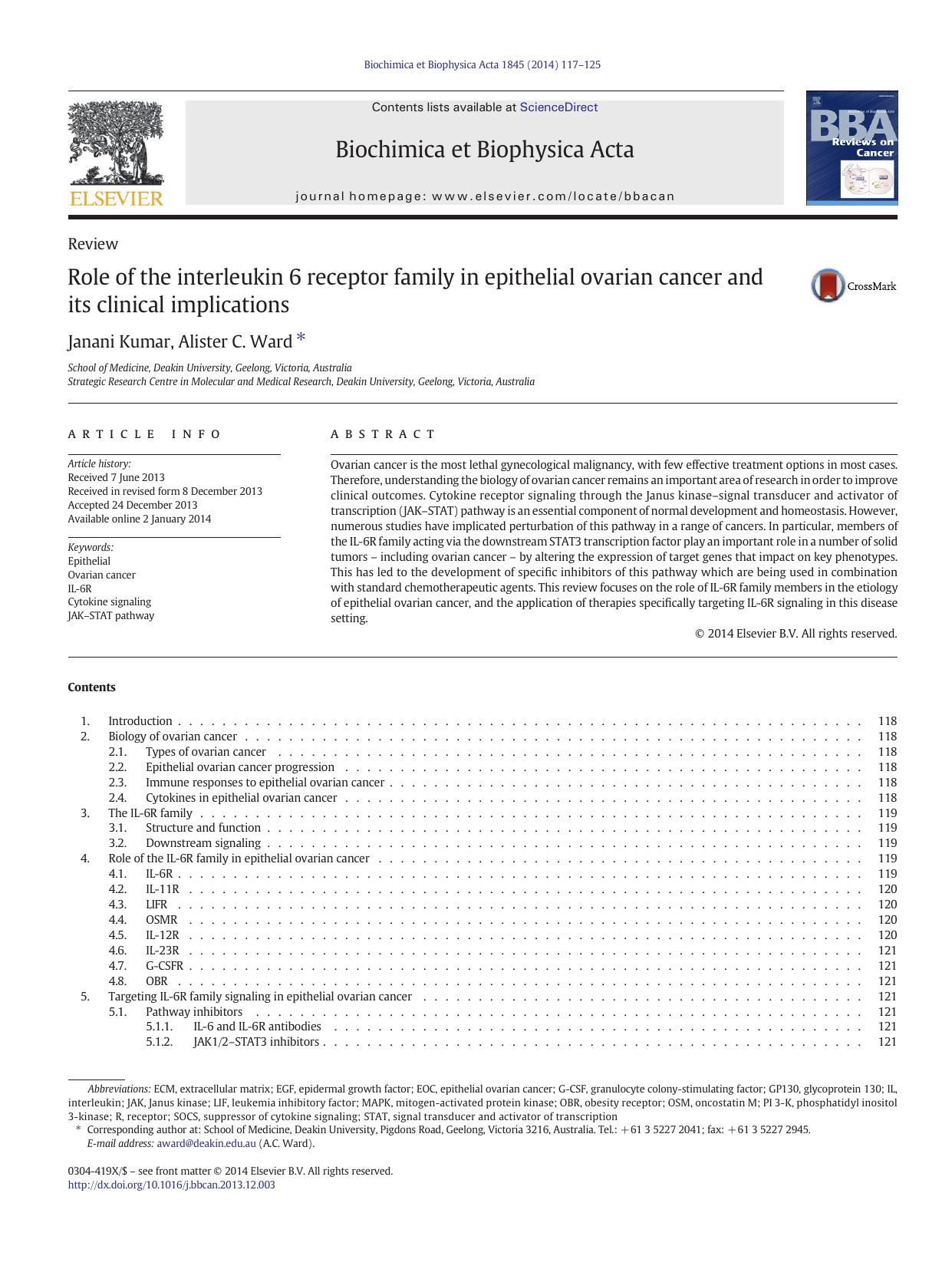 Role of the interleukin 6 receptor family in epithelial ovarian cancer and its clinical implications by Janani Kumar & Alister C. Ward