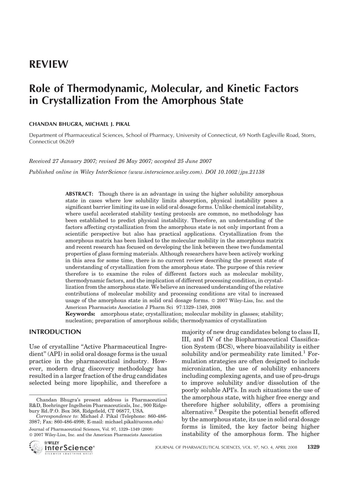 Role of thermodynamic, molecular, and kinetic factors in crystallization from the amorphous state by Unknown