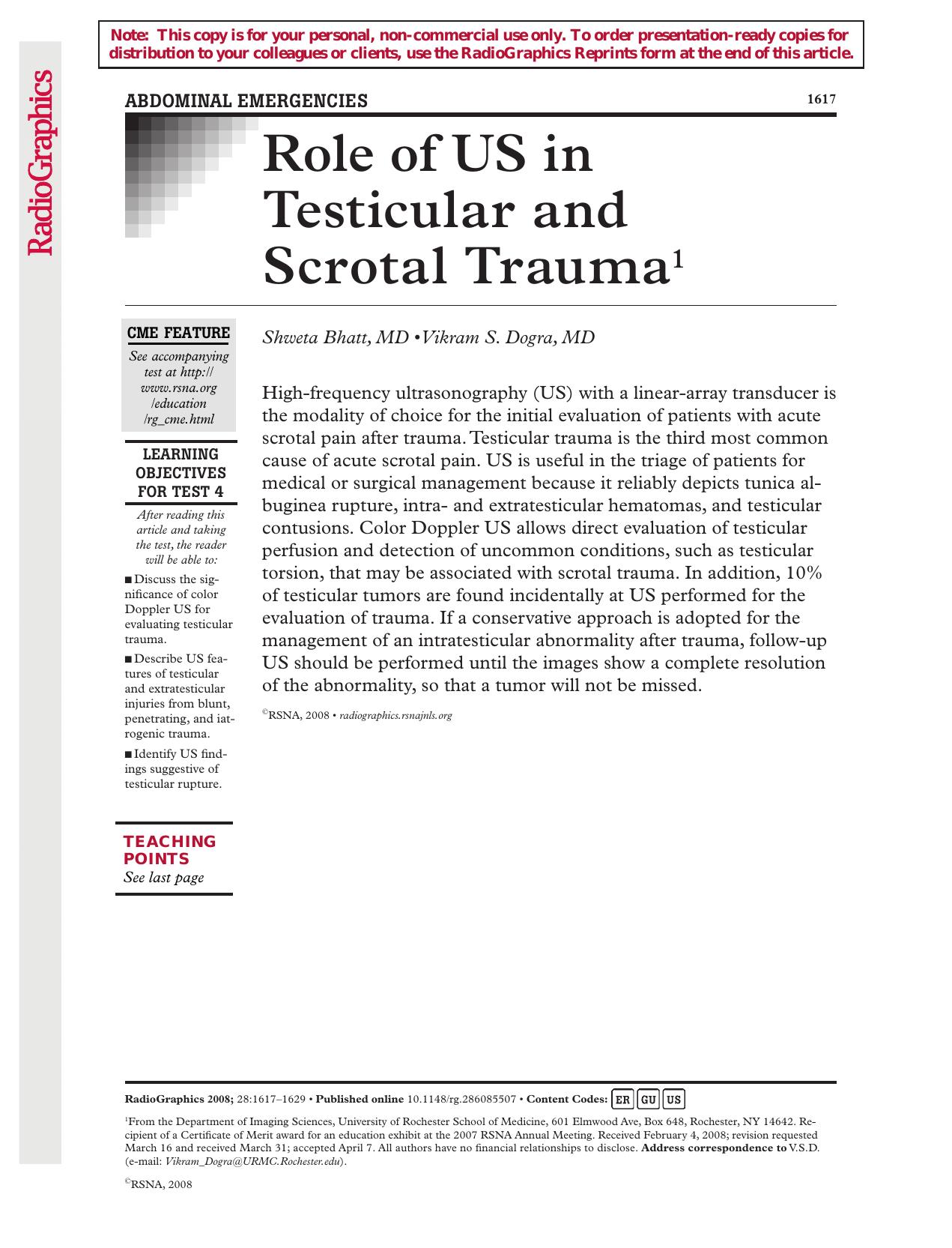 Role of us in testicular and scrotal trauma by Unknown