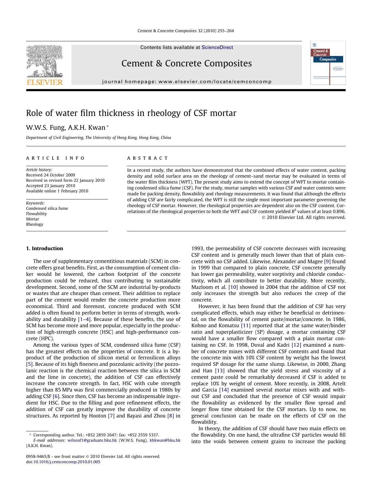 Role of water film thickness in rheology of CSF mortar by W.W.S. Fung; A.K.H. Kwan